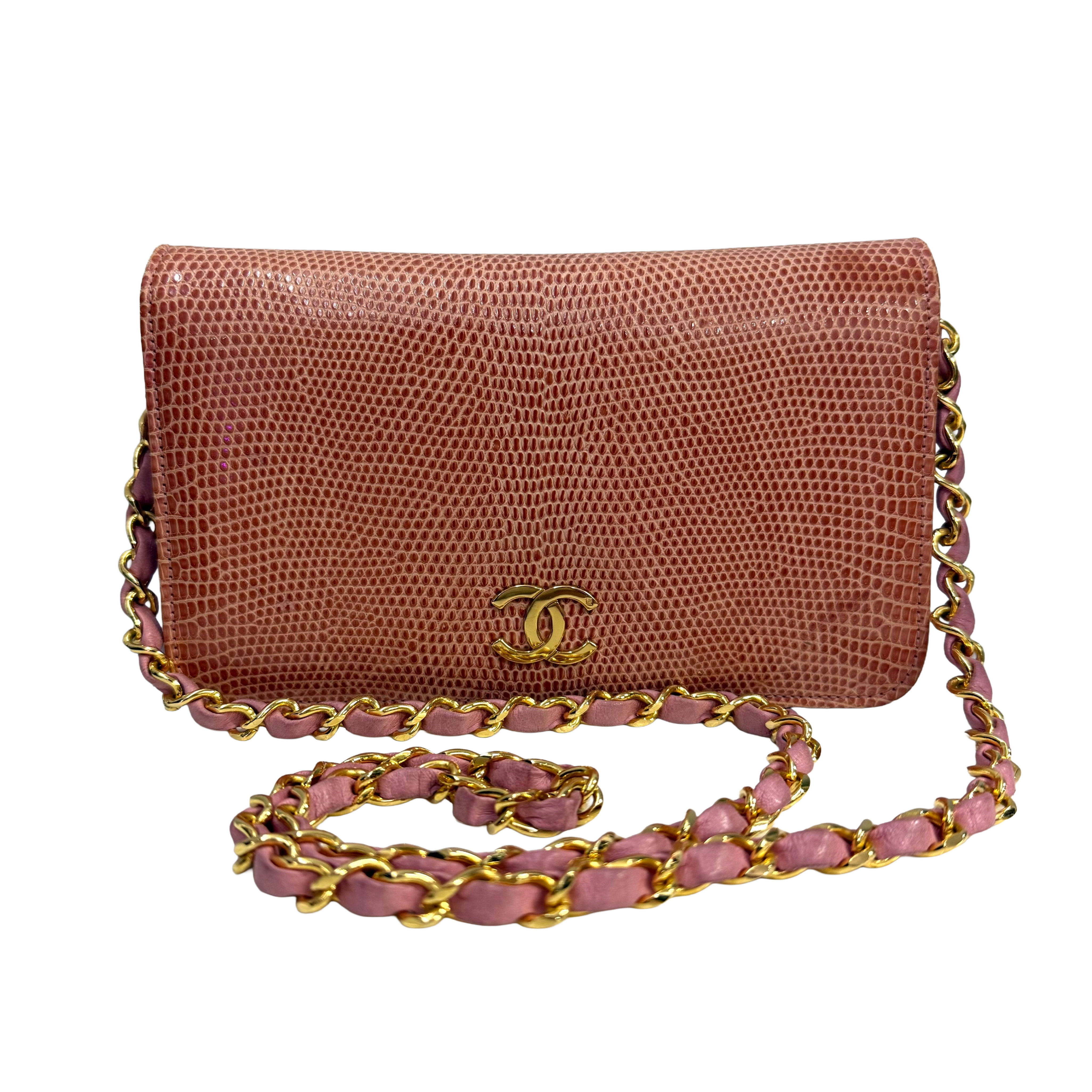 Pink Leather Mini Chain Crossbody Bag – Lizard Embossed Gold Hardware Wallet (Pristine Condition)