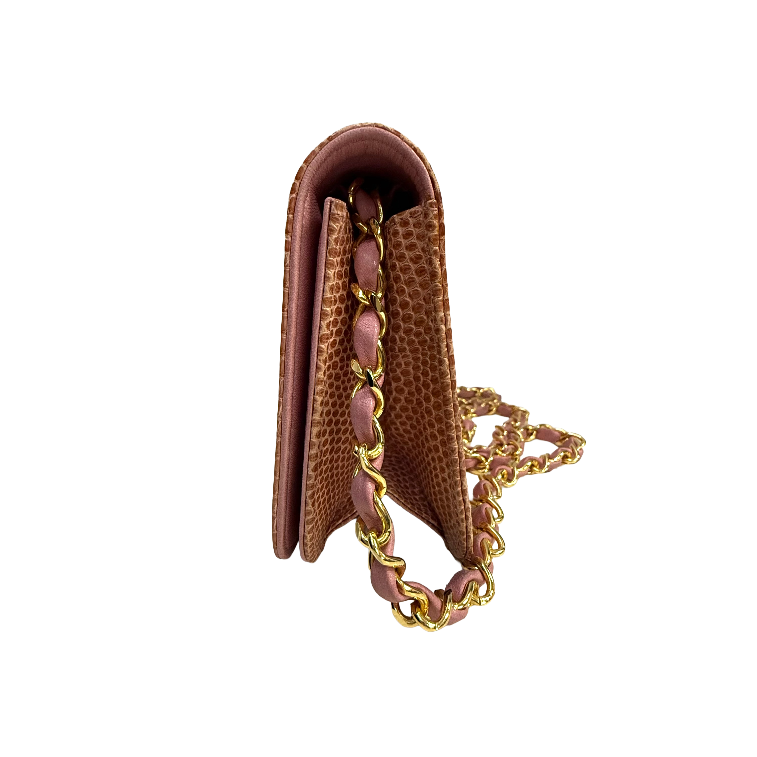 Pink Leather Mini Chain Crossbody Bag – Lizard Embossed Gold Hardware Wallet (Pristine Condition)