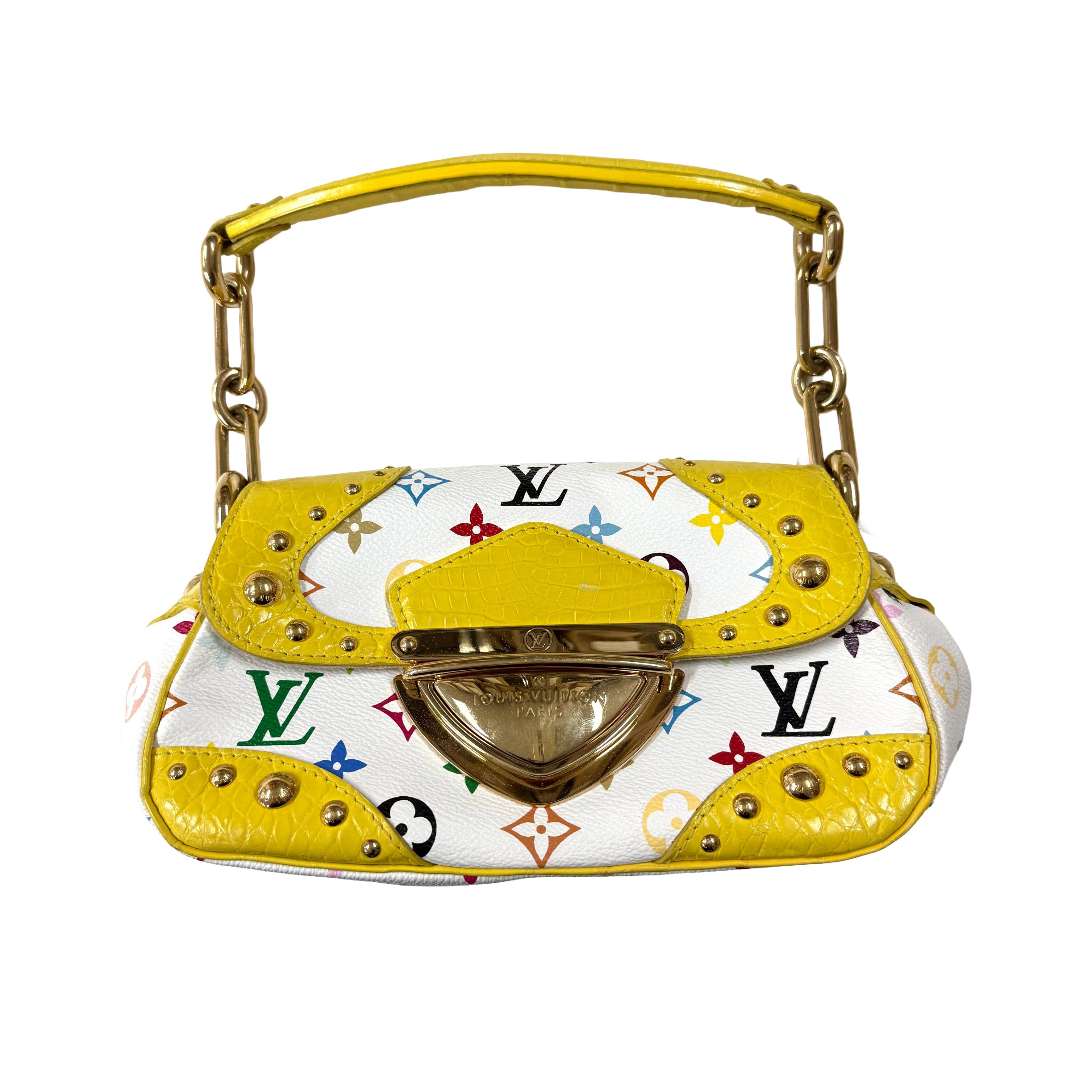 Louis Vuitton | Multicolor Murakami Monogram Yellow Studded Top Handle Bag – Gold Hardware Mini Designer Satchel (Pristine Condition)