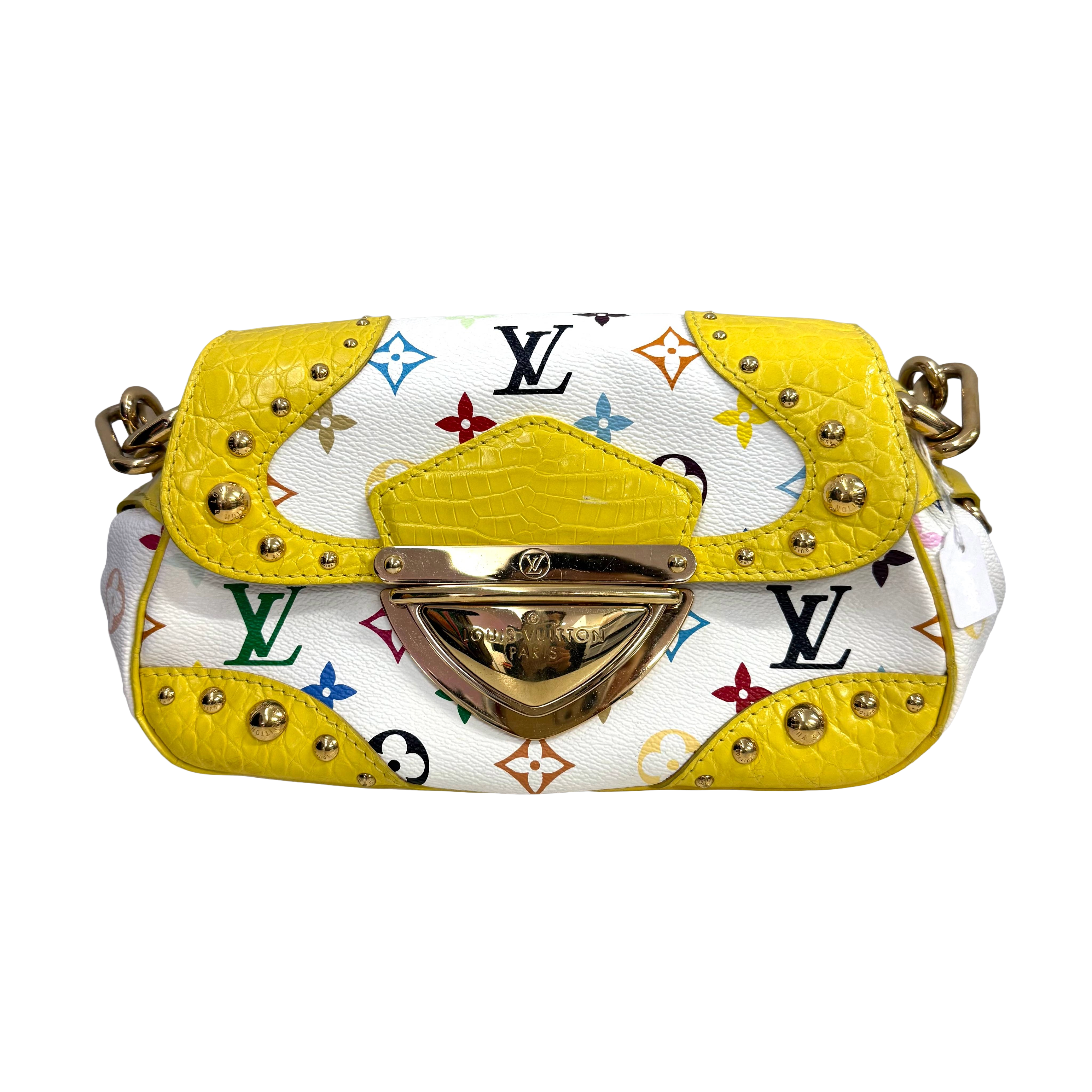 Louis Vuitton | Multicolor Murakami Monogram Yellow Studded Top Handle Bag – Gold Hardware Mini Designer Satchel (Pristine Condition)