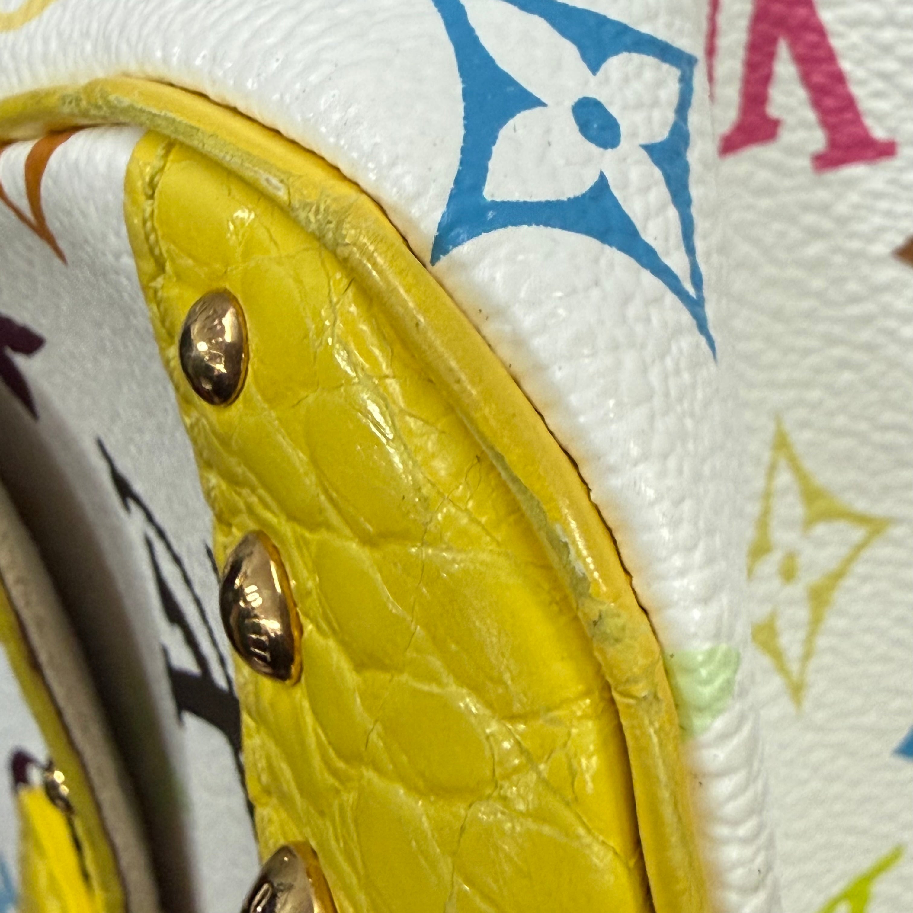 Louis Vuitton | Multicolor Murakami Monogram Yellow Studded Top Handle Bag – Gold Hardware Mini Designer Satchel (Pristine Condition)