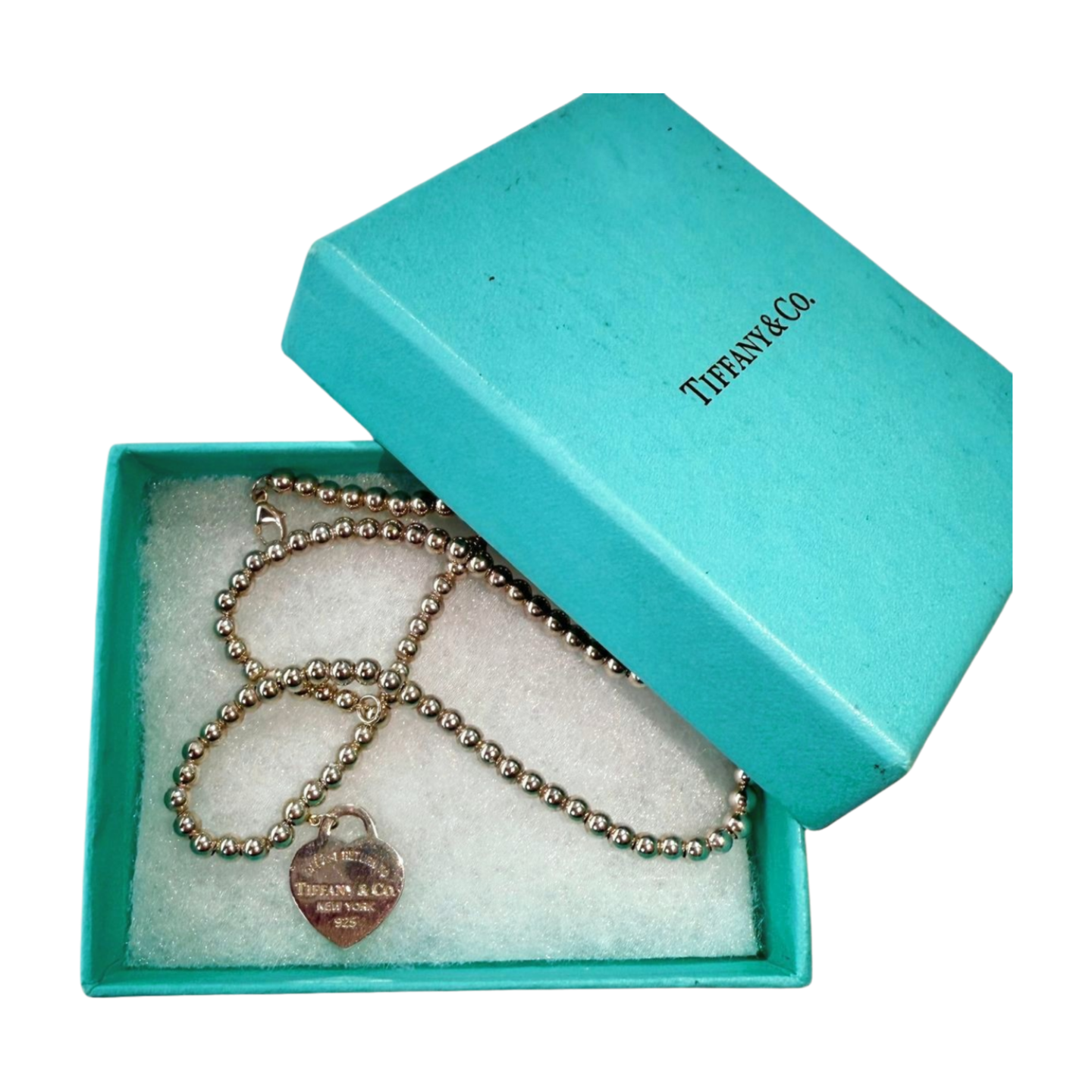Tiffany | Silver Beads Necklace With Heart Tag (Excellent Condition) - Cons