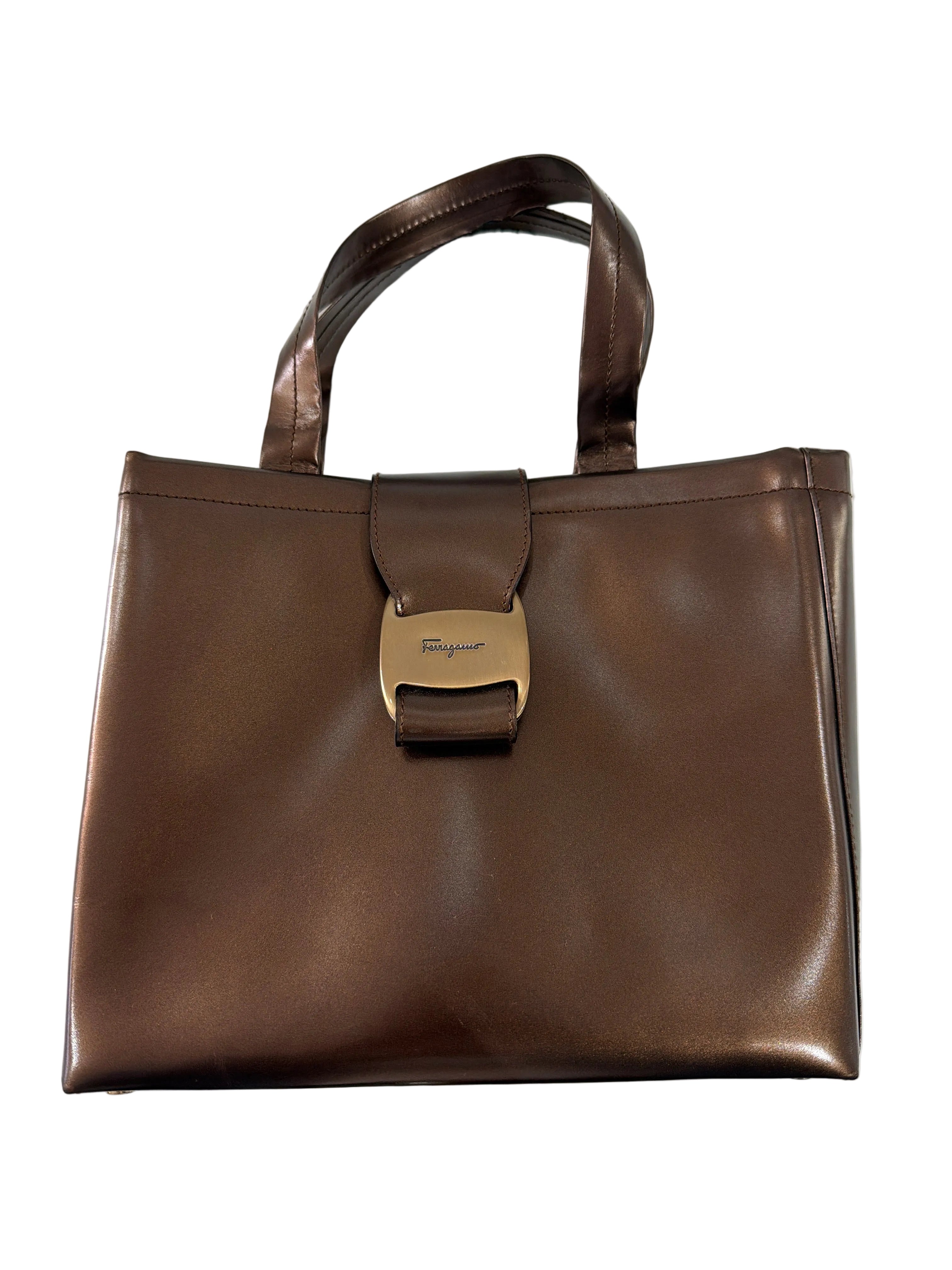 Salvatore Ferragamo | Bronze Metallic Leather Crossbody Bag (Good Condition) - Cons