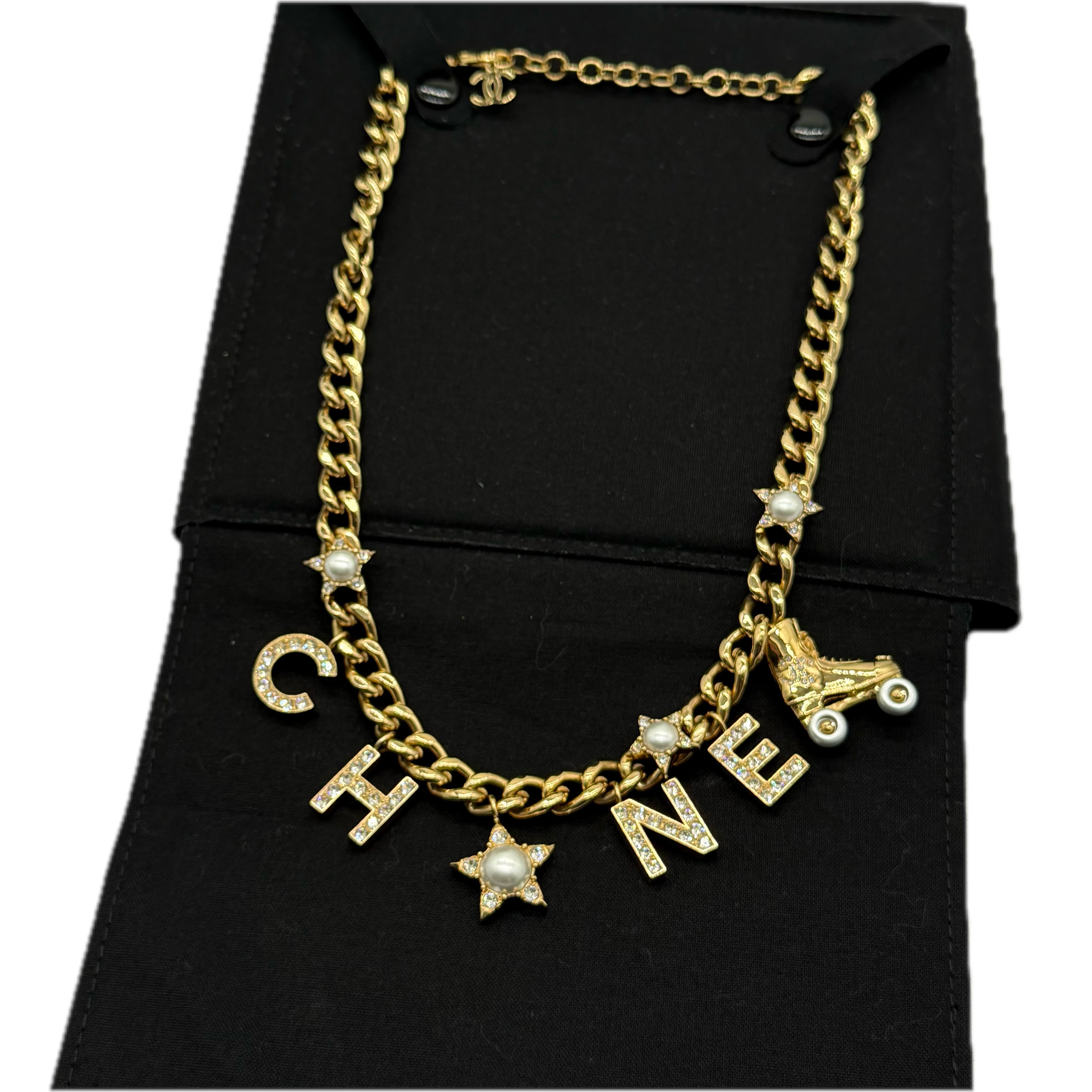 Chanel | Crystal Pearl Rollerblade Logo Necklace | Gold Plated