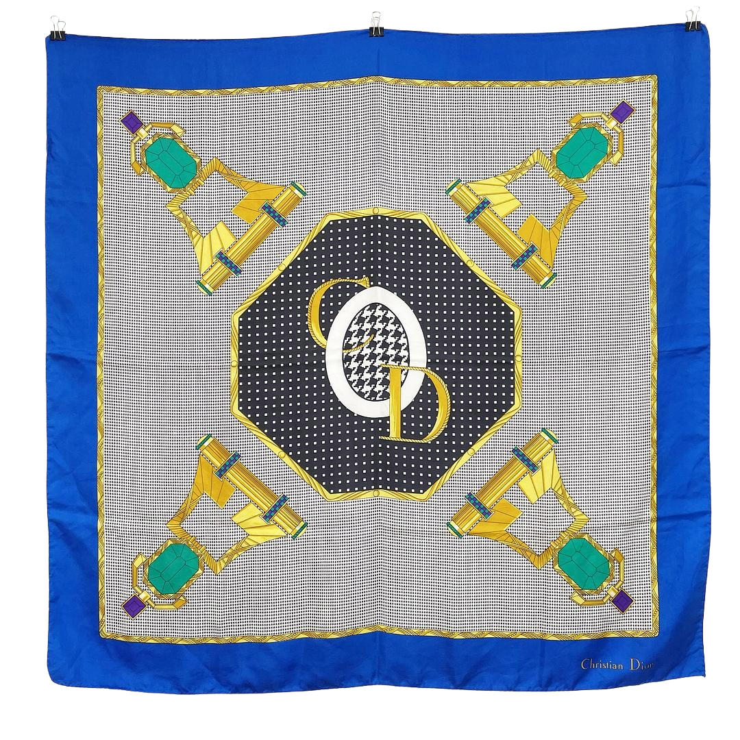 Christian Dior | Silk Scarf | CD Monogram & Jewel Print | Blue, Gold & Green (80cm)