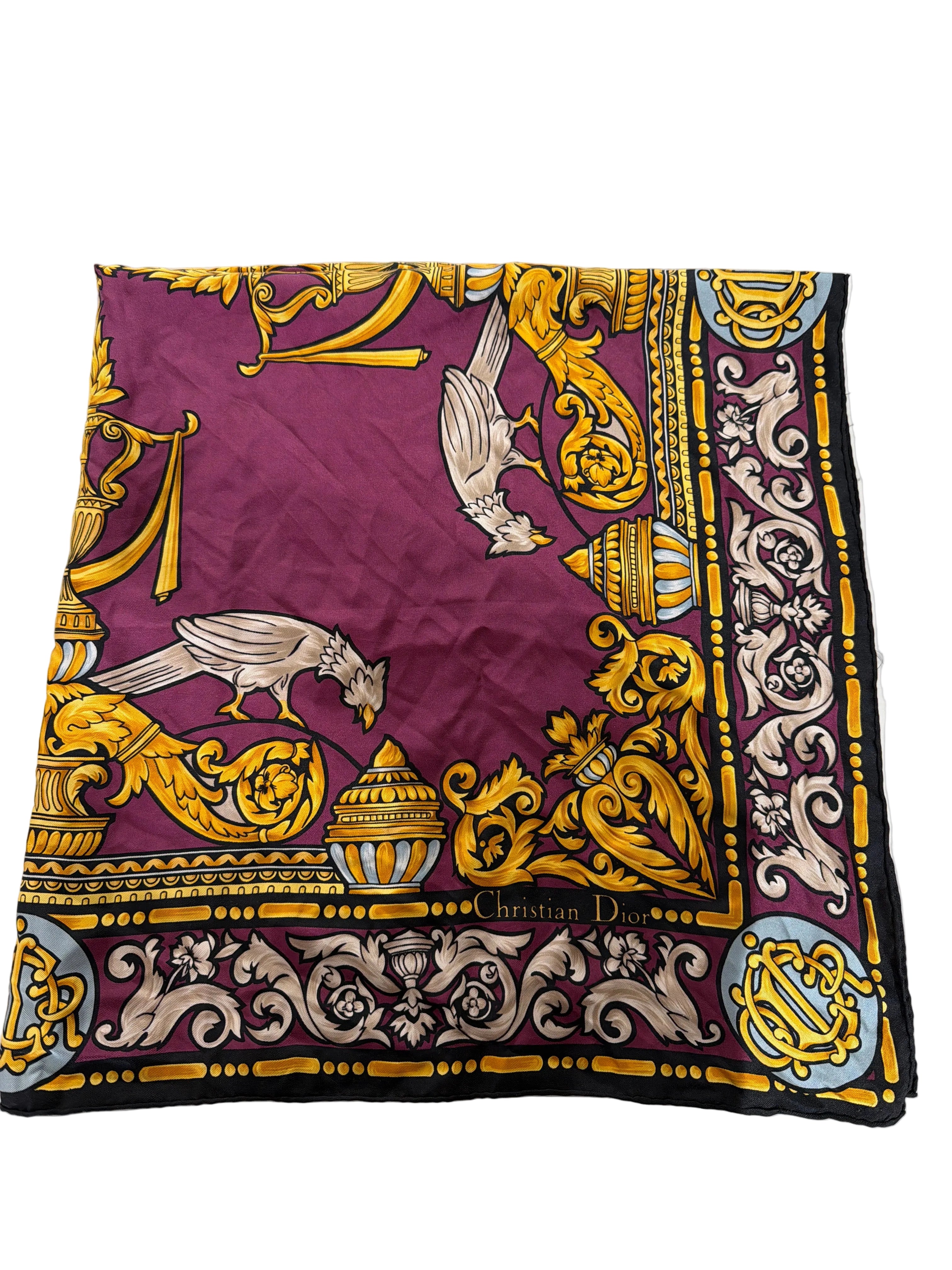 Dior | Purple Silk Scarf with Ornate Gold Print - Cons
