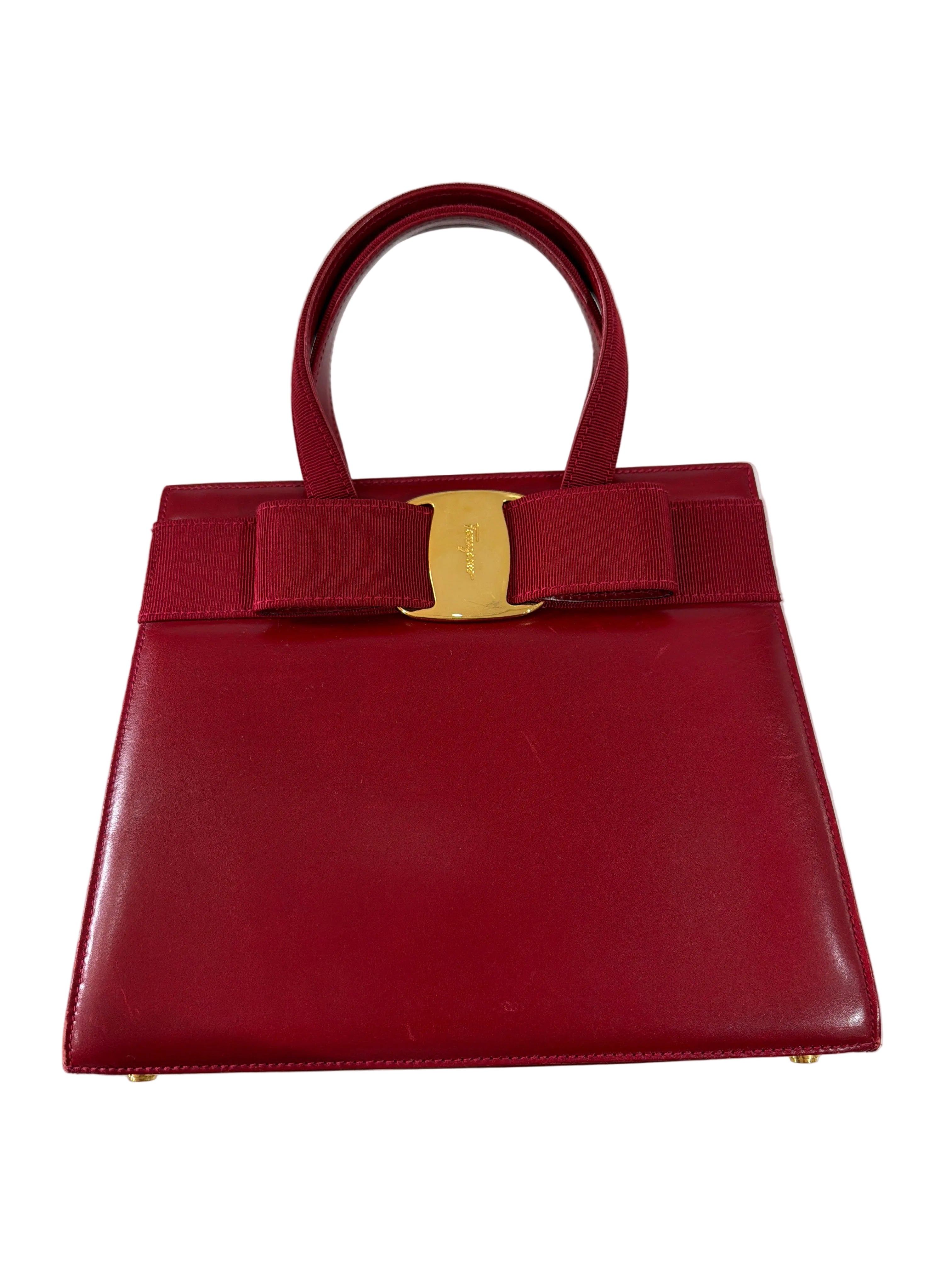 Salvatore Ferragamo | Small Red Leather Tote Bag With Dual Straps (Good Condition) - Cons