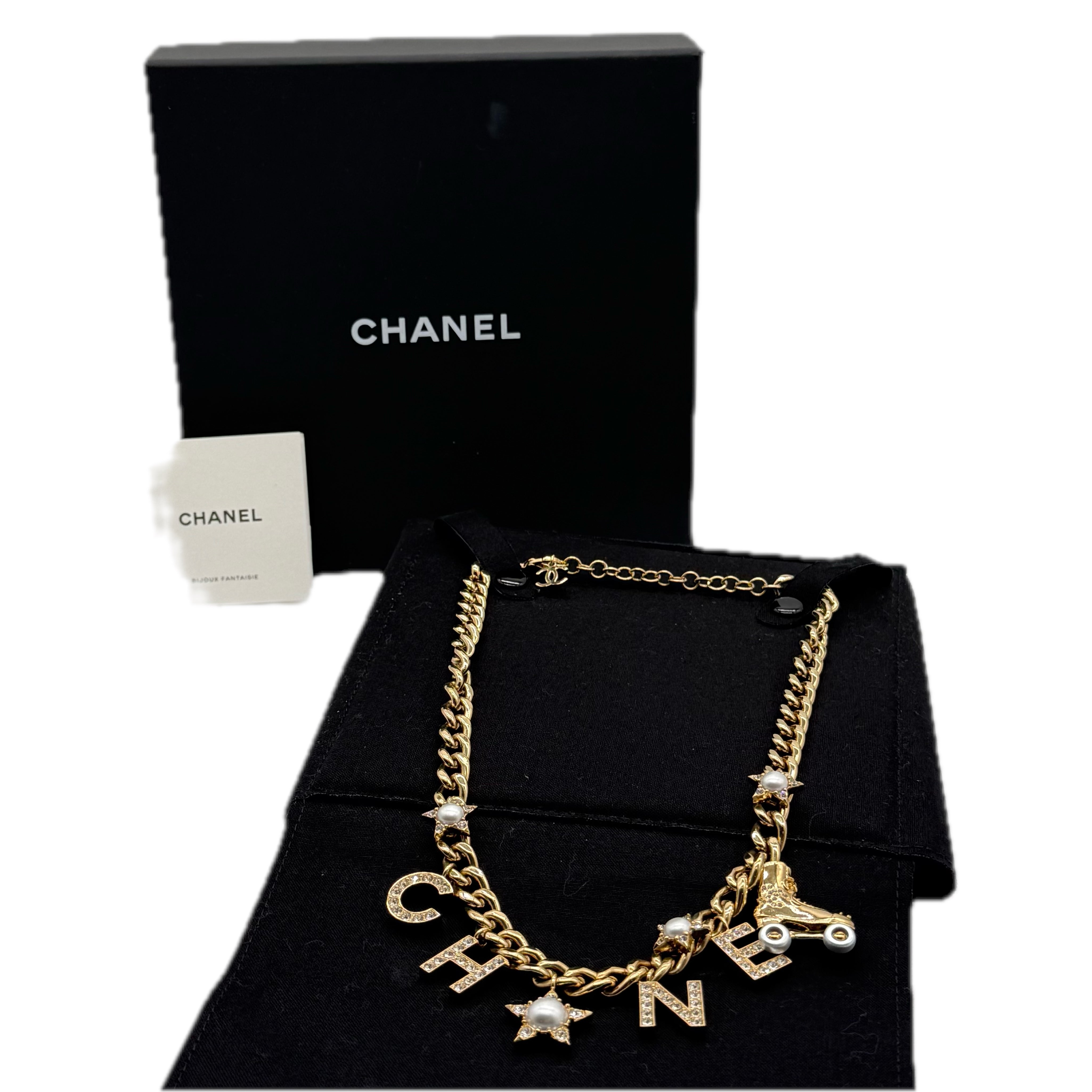 Chanel | Crystal Pearl Rollerblade Logo Necklace | Gold Plated