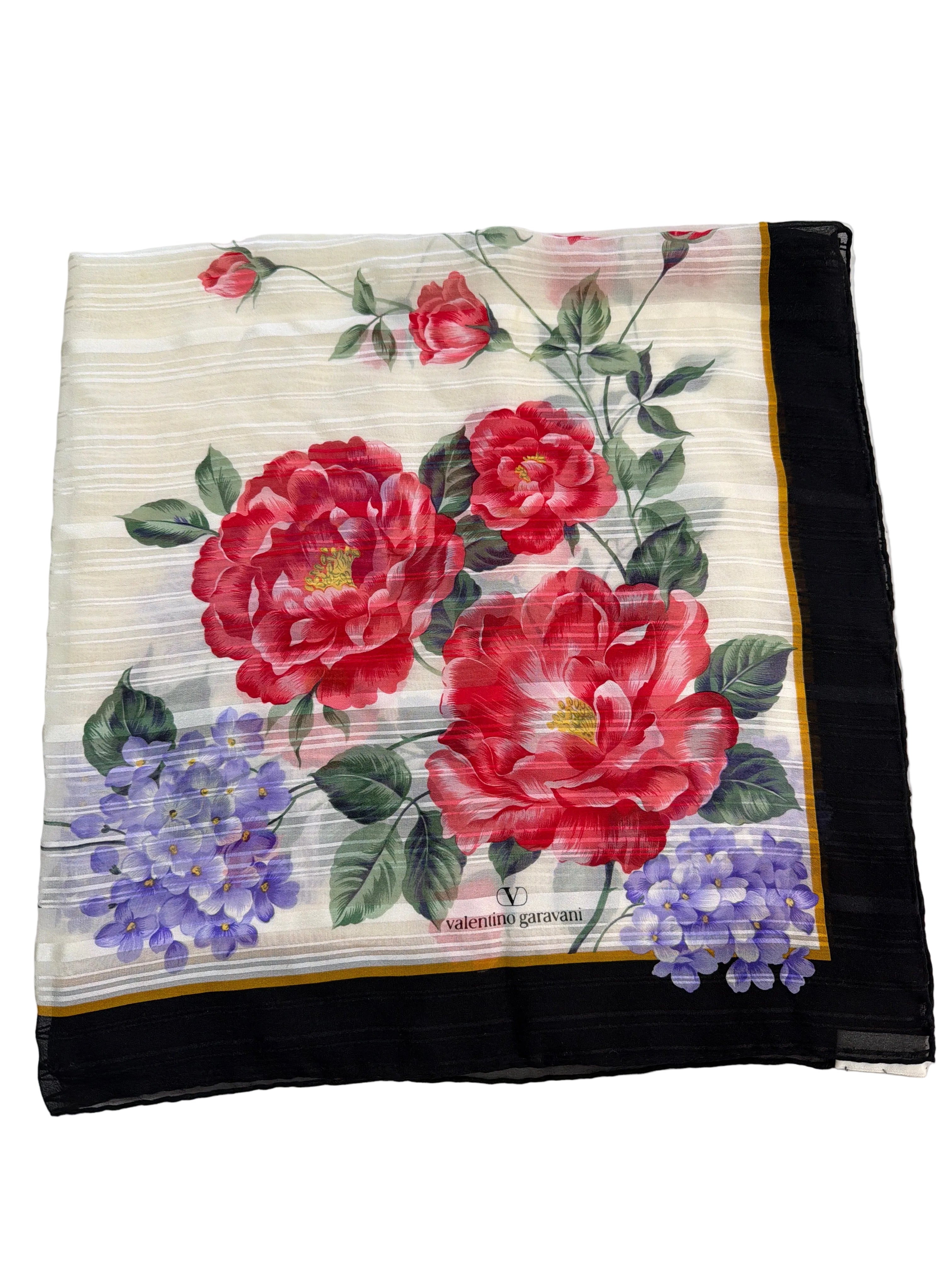 Valentino | Floral Silk Scarf with a Black Border (Good Condition) - Cons