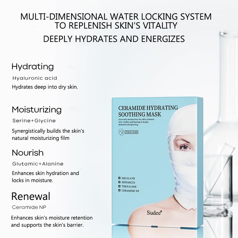 CERAMIDE HYDRATING SOOTHING MASK - Intense Moisture Barrier Support Calming for Sensitive Skin 5-Layer Hyaluronic Acid & Ceramide Sheet Mask Korean Skincare 5 Sheets, 30g Each