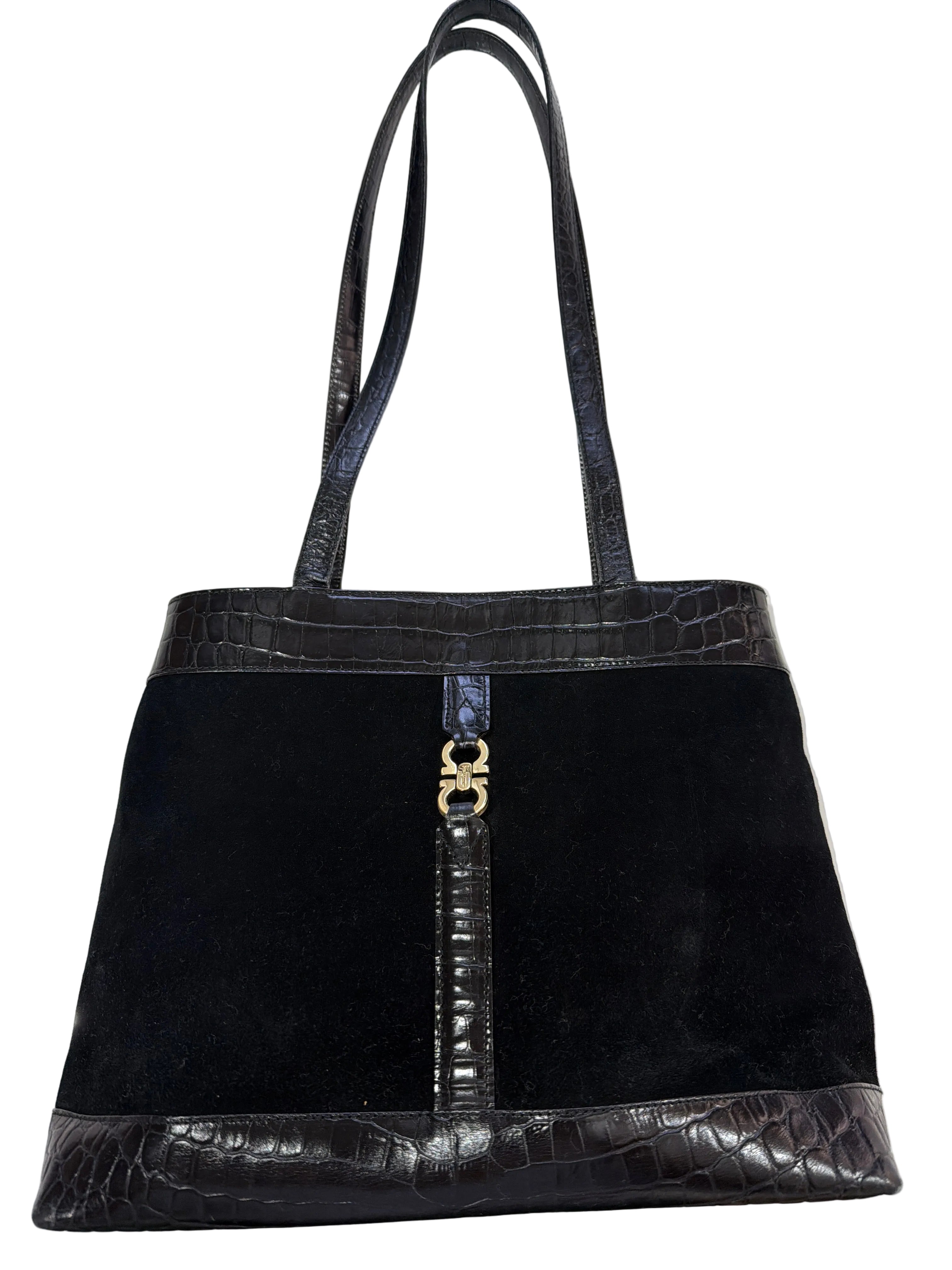 Salvatore Ferragamo | Black Croc and Suede Shoulder Bag (Good Condition) - Cons