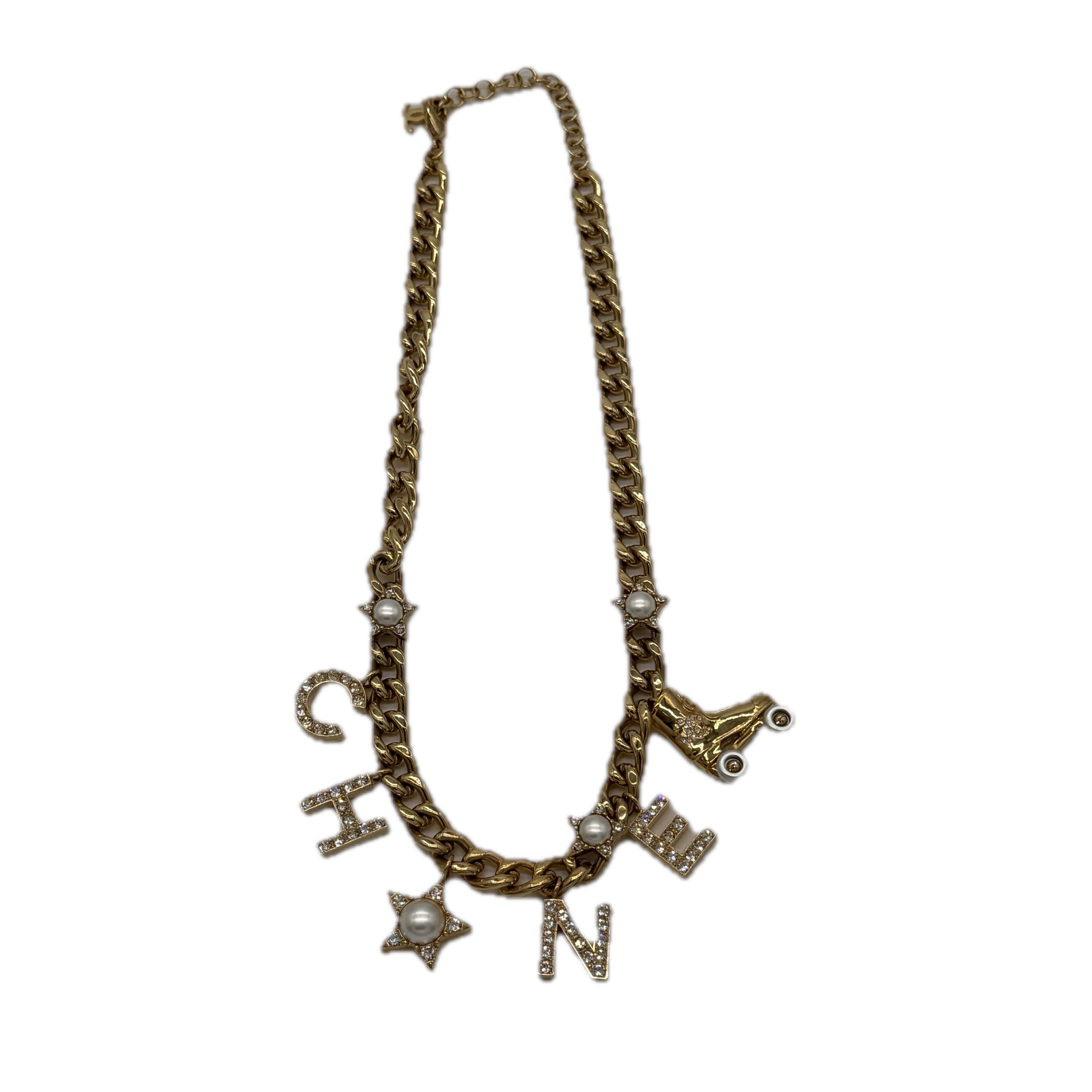 Chanel | Crystal Pearl Rollerblade Logo Necklace | Gold Plated