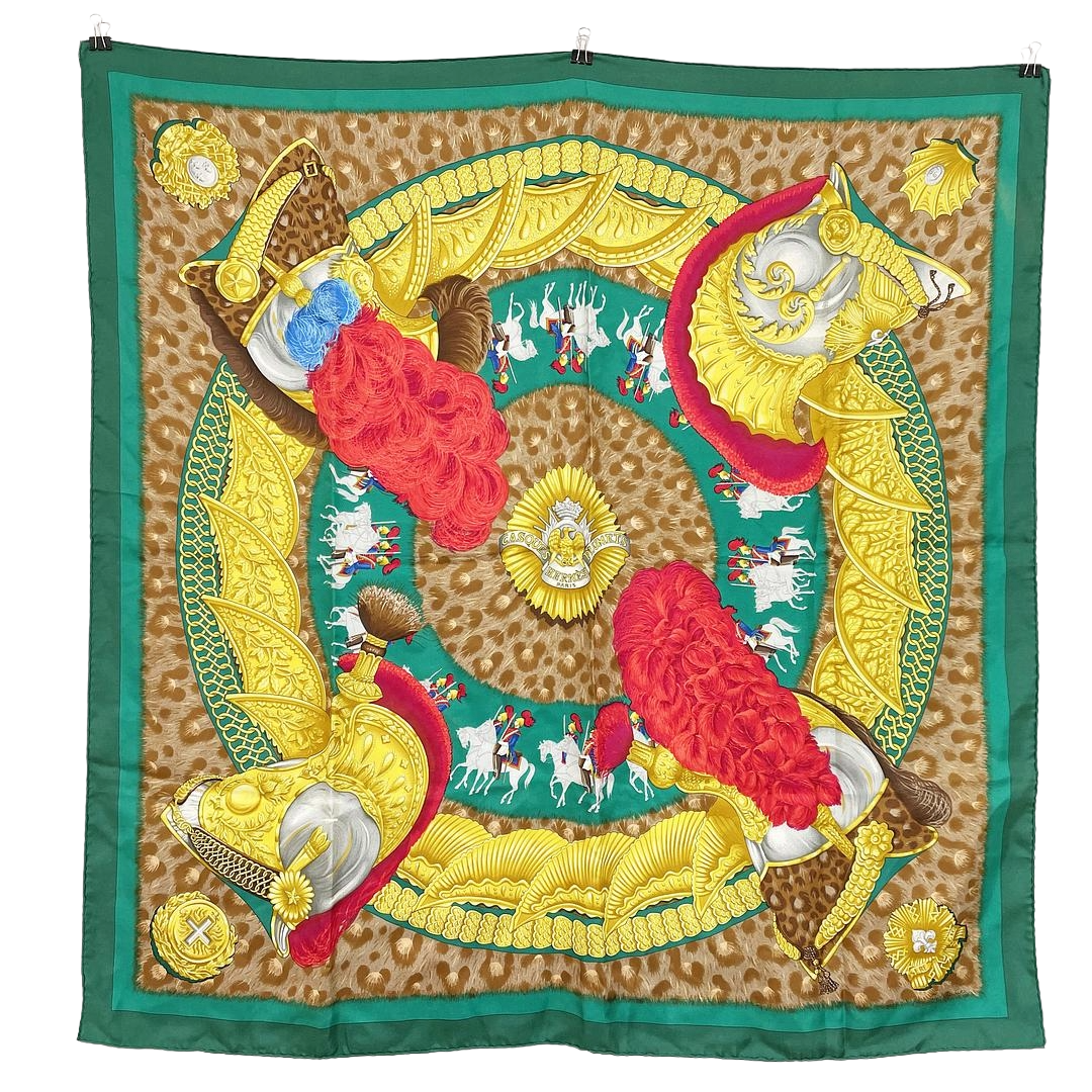 Hermès | "Casques Militaires" Silk Scarf | Green, Gold & Red (85cm)
