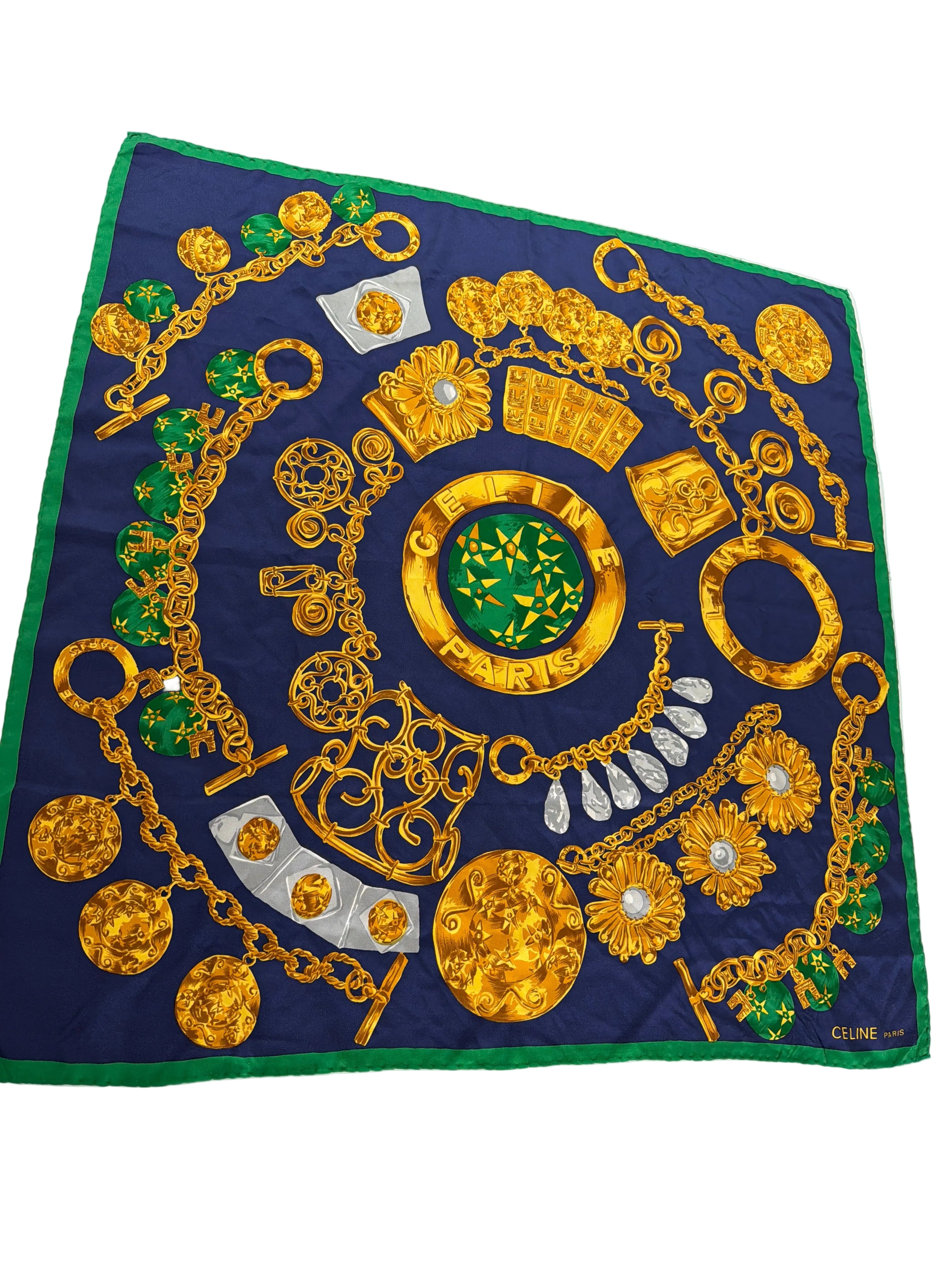 Celine | Navy Silk Scarf with Gold Charm Print - Cons