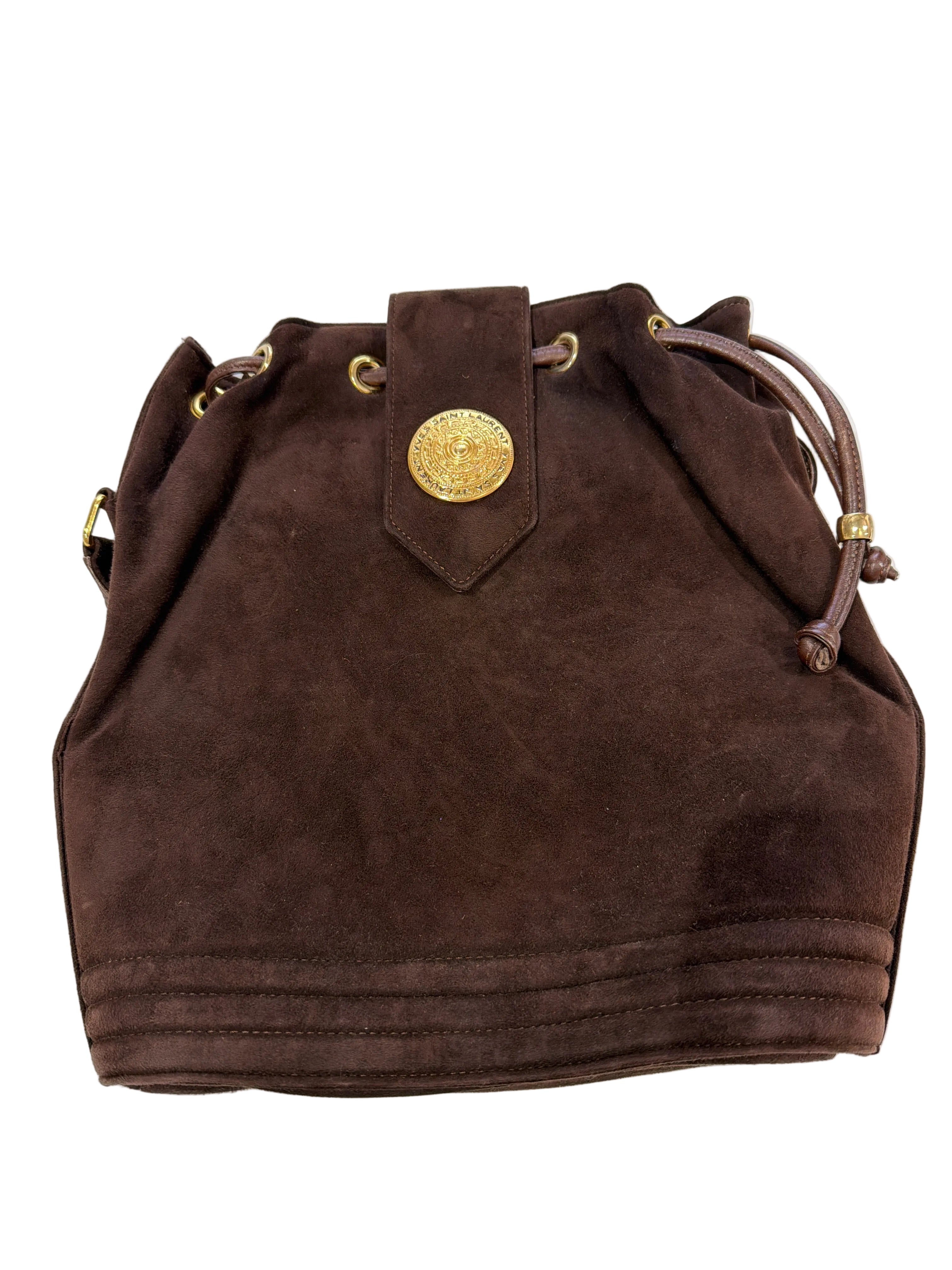 Yves Saint Laurent | Brown Suede Bucket Bag with Gold Hardware (Good Condition) - Cons