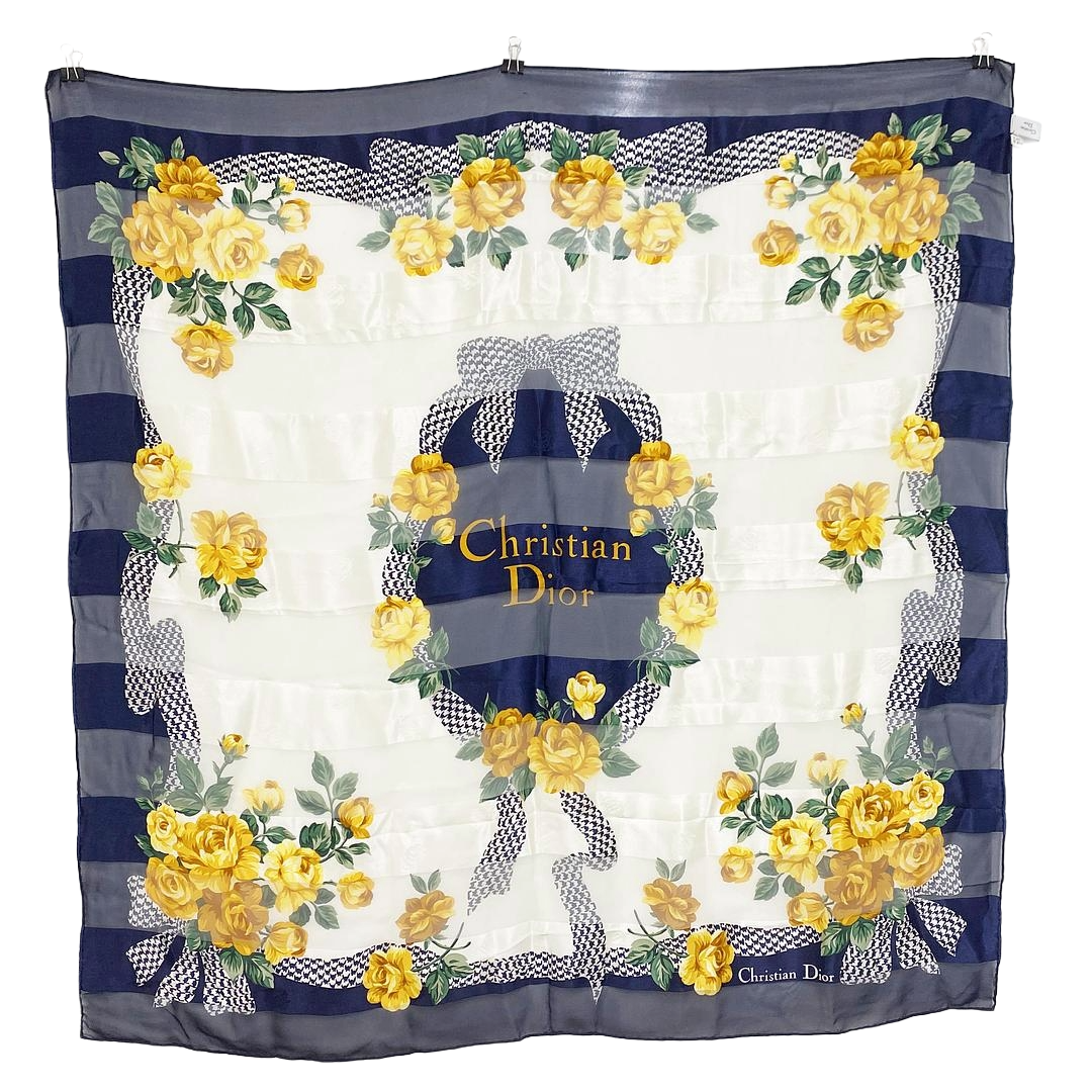 Christian Dior | Silk Scarf | Rose & Houndstooth Print | Navy & Ivory (85cm)