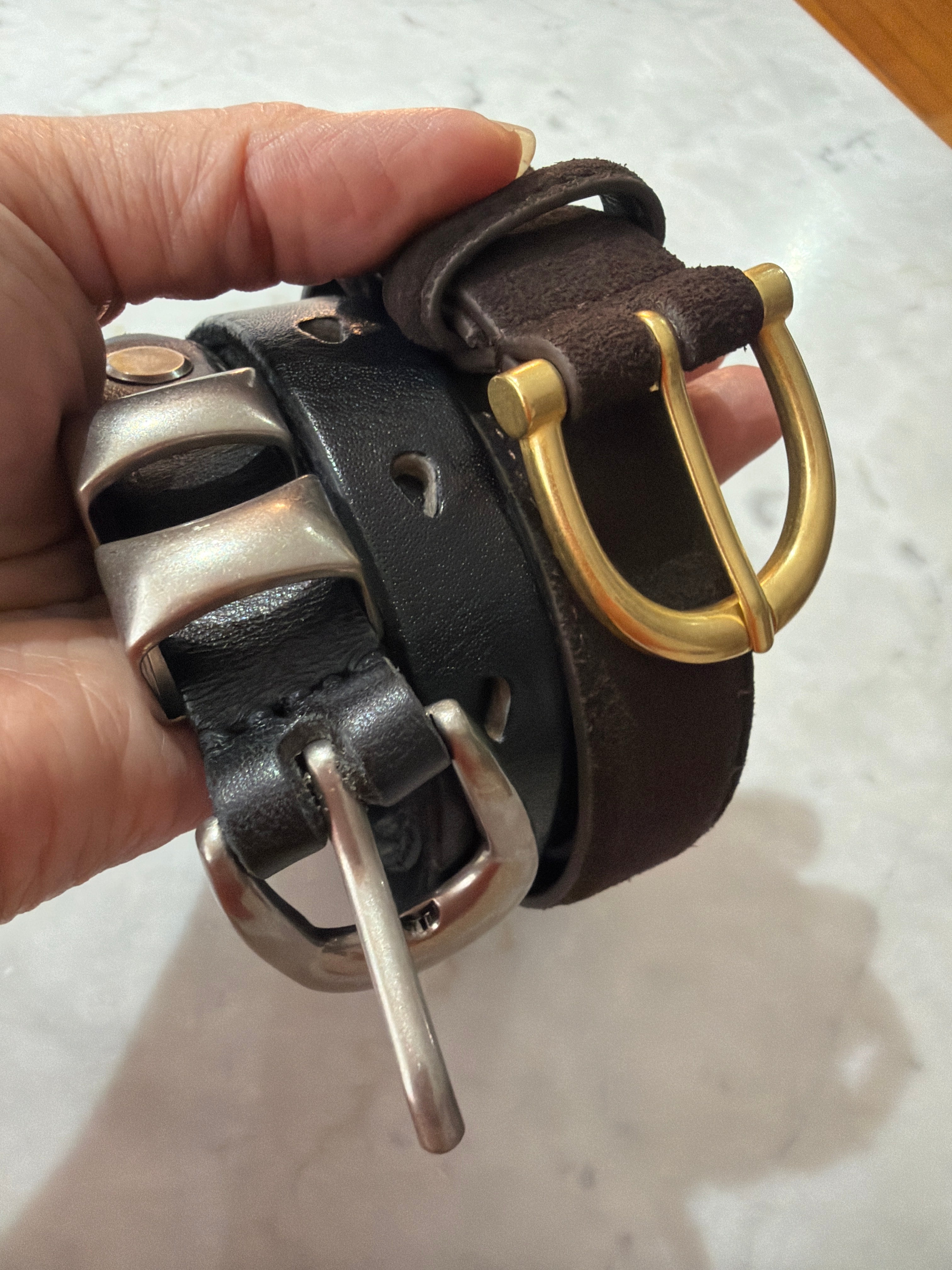 2 x Beltase belts Suede Brown Brass, Versatile Black Silver 95cm