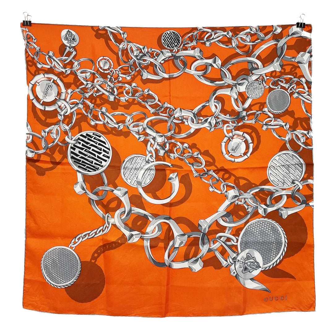 Gucci | Silk Scarf | Chain & Medallion Print | Orange & Silver (60cm)
