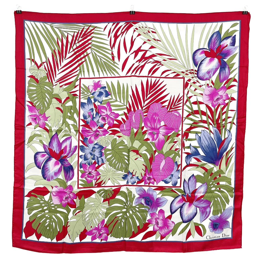 Christian Dior | Silk Scarf | Tropical Orchid & Palm Print | Red & Pink (85cm)