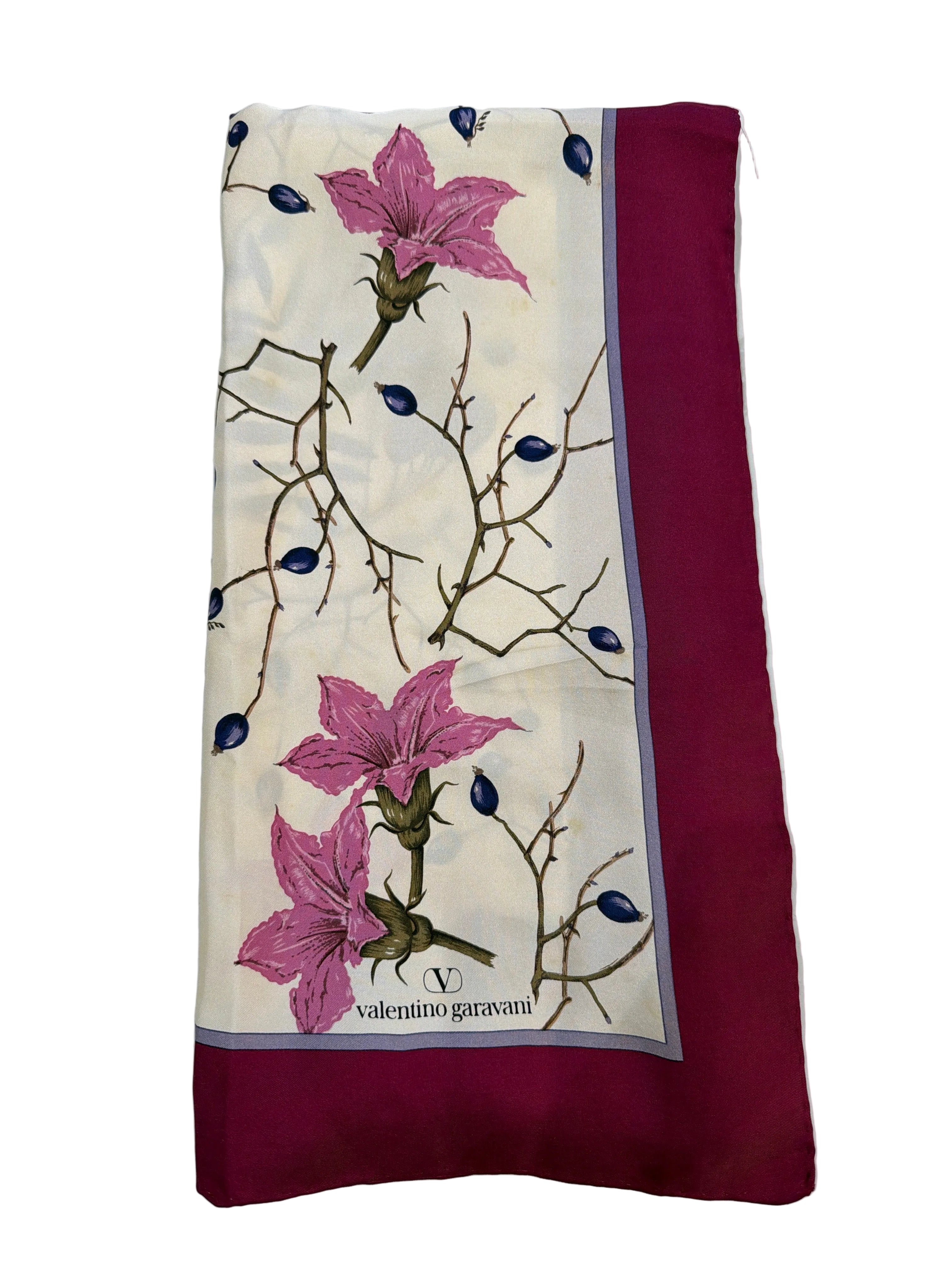 Valentino | Silk Floral Scarf with Burgundy Border (Good Condition) - Cons