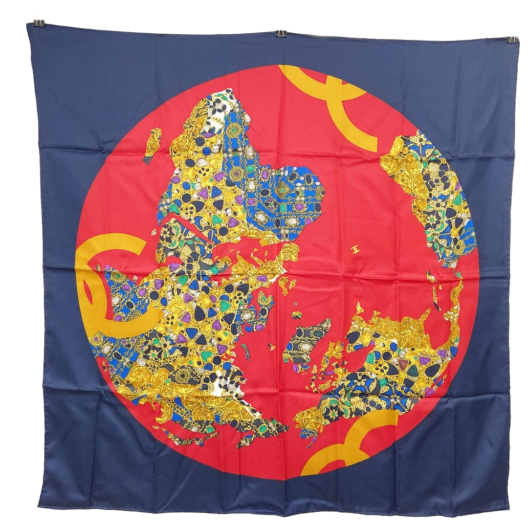 Chanel | Silk Scarf | Jeweled Continents Print | Navy, Red & Gold (85cm)
