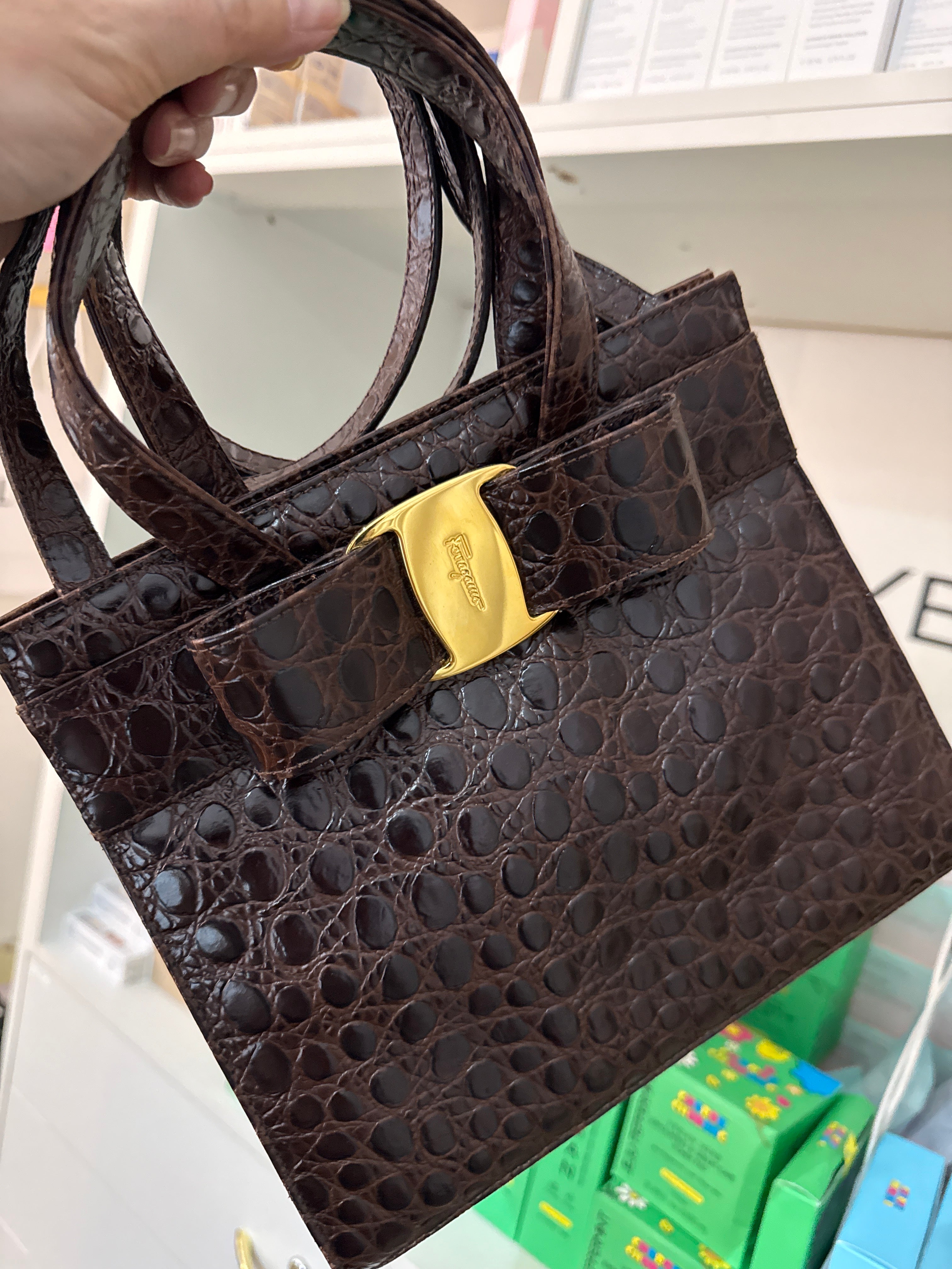 SF Top Handle Brown Croc embossed