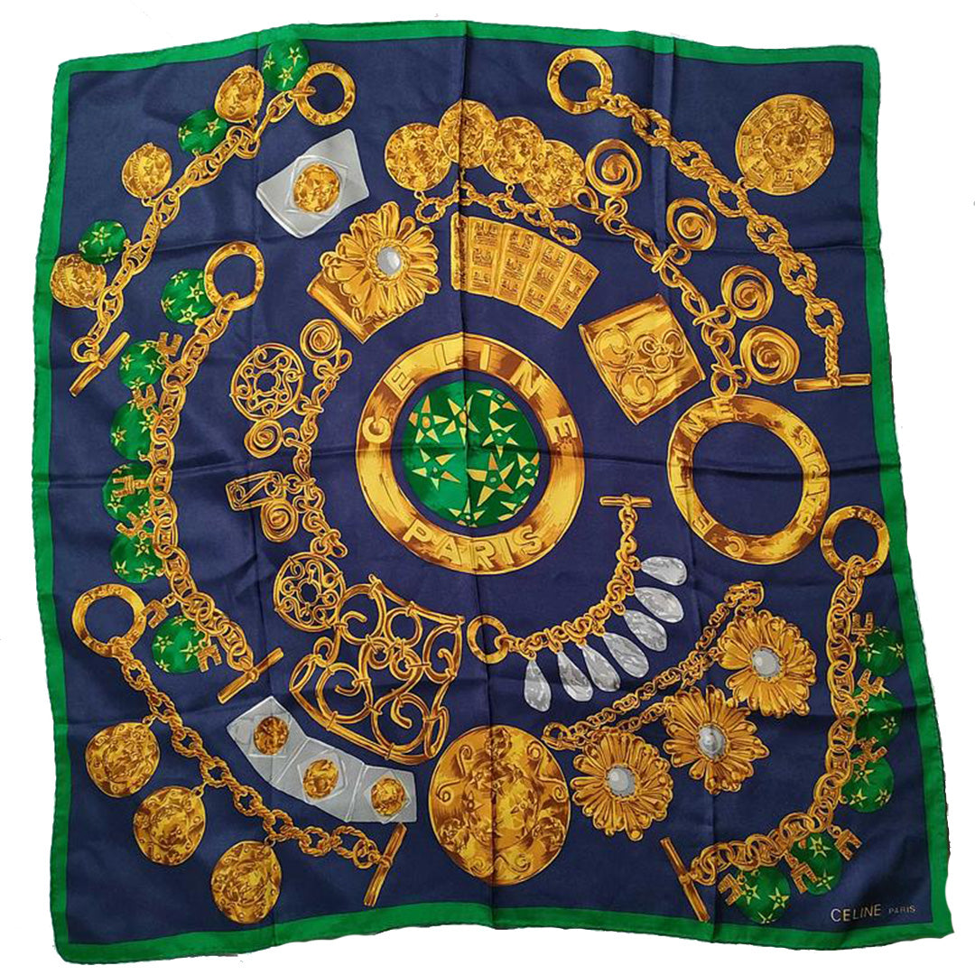 Céline | Jewelry Charm Print Silk Scarf | Navy & Green | Gold Chain Motif (85cm)