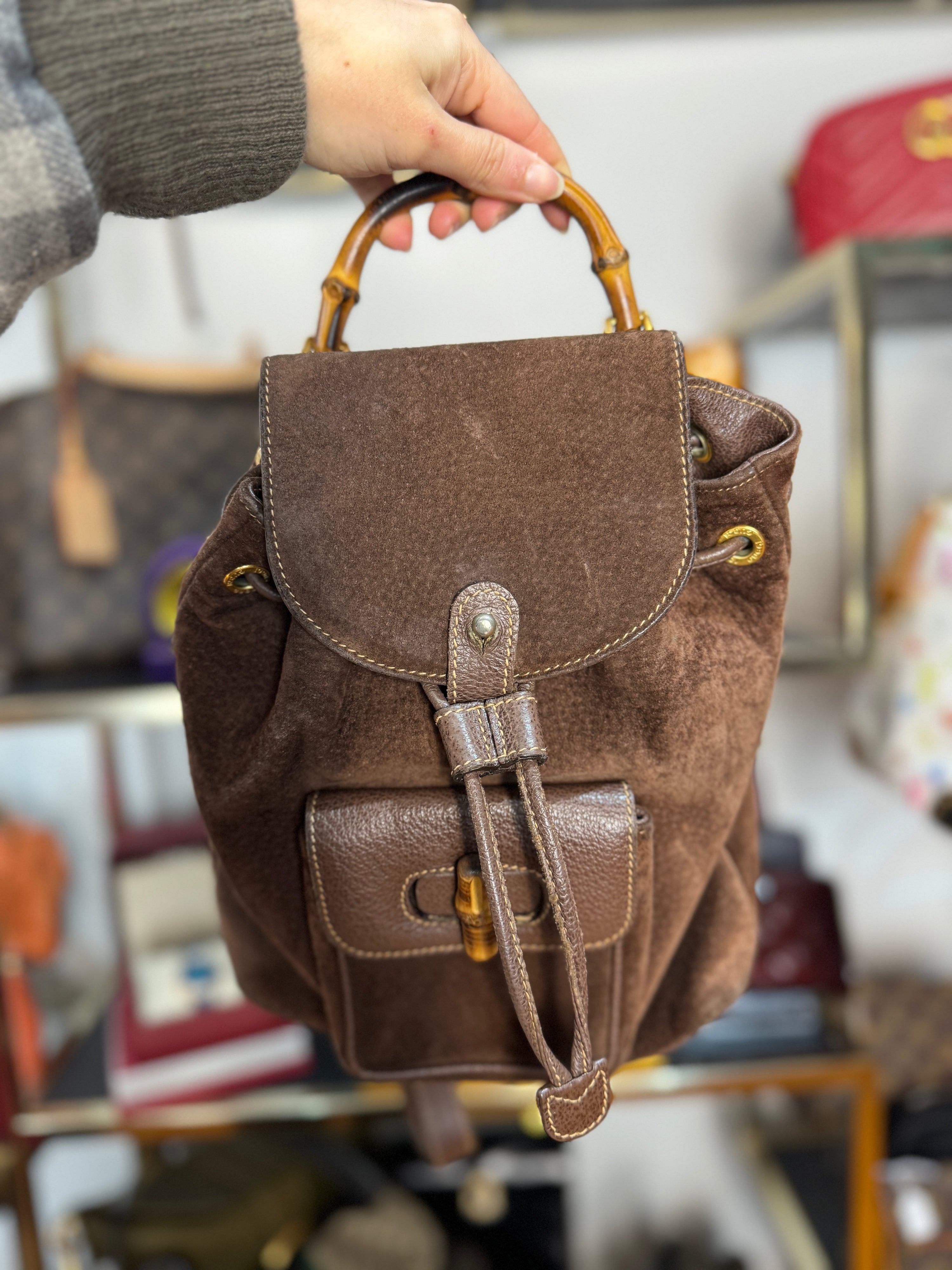 Gucci Brown Suede Bamboo Handle Backpack