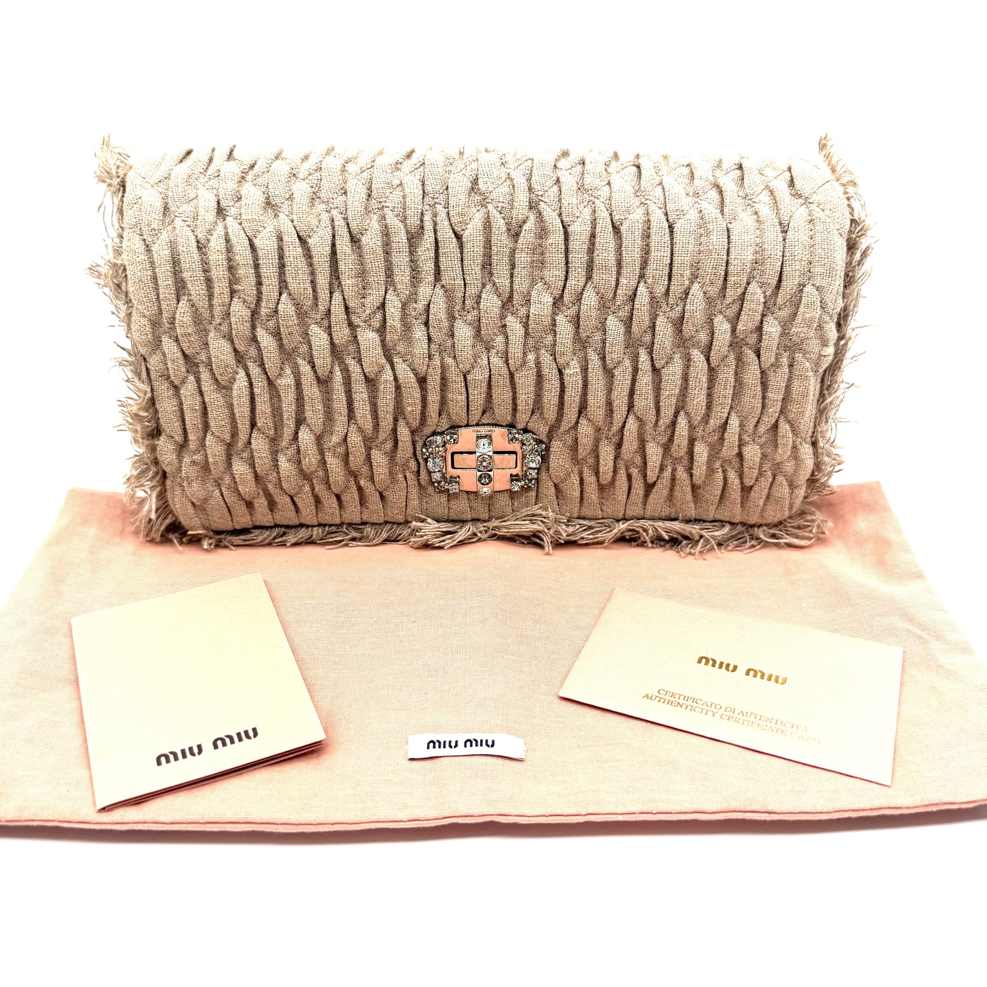Miu Miu | Crystal Pleated Shoulder Bag | Beige Linen | Silver-Tone Hardware (22cm)