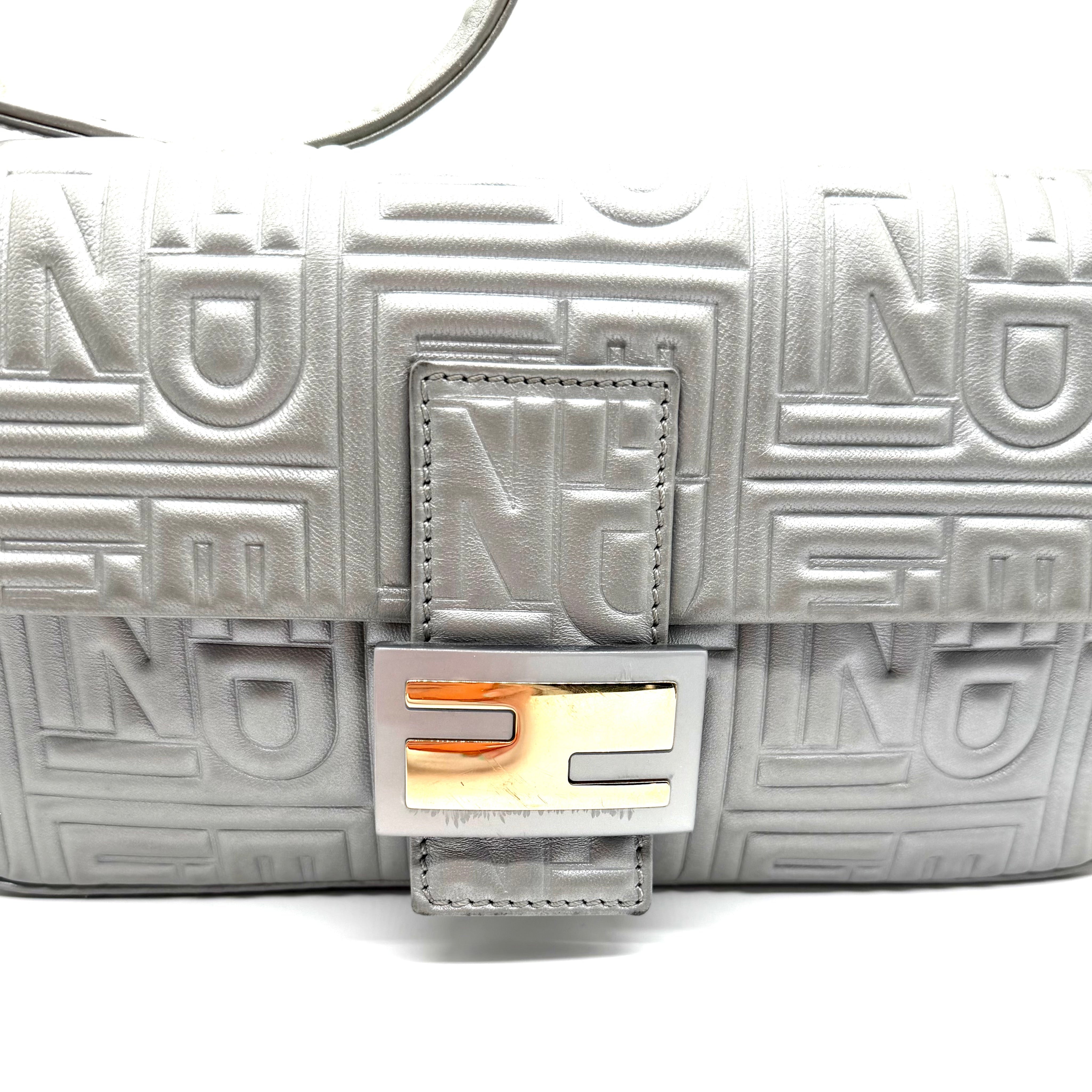 Fendi Baguette FF Embossed Shoulder Bag | Metallic Silver Leather | Gold-Tone Hardware (27cm)