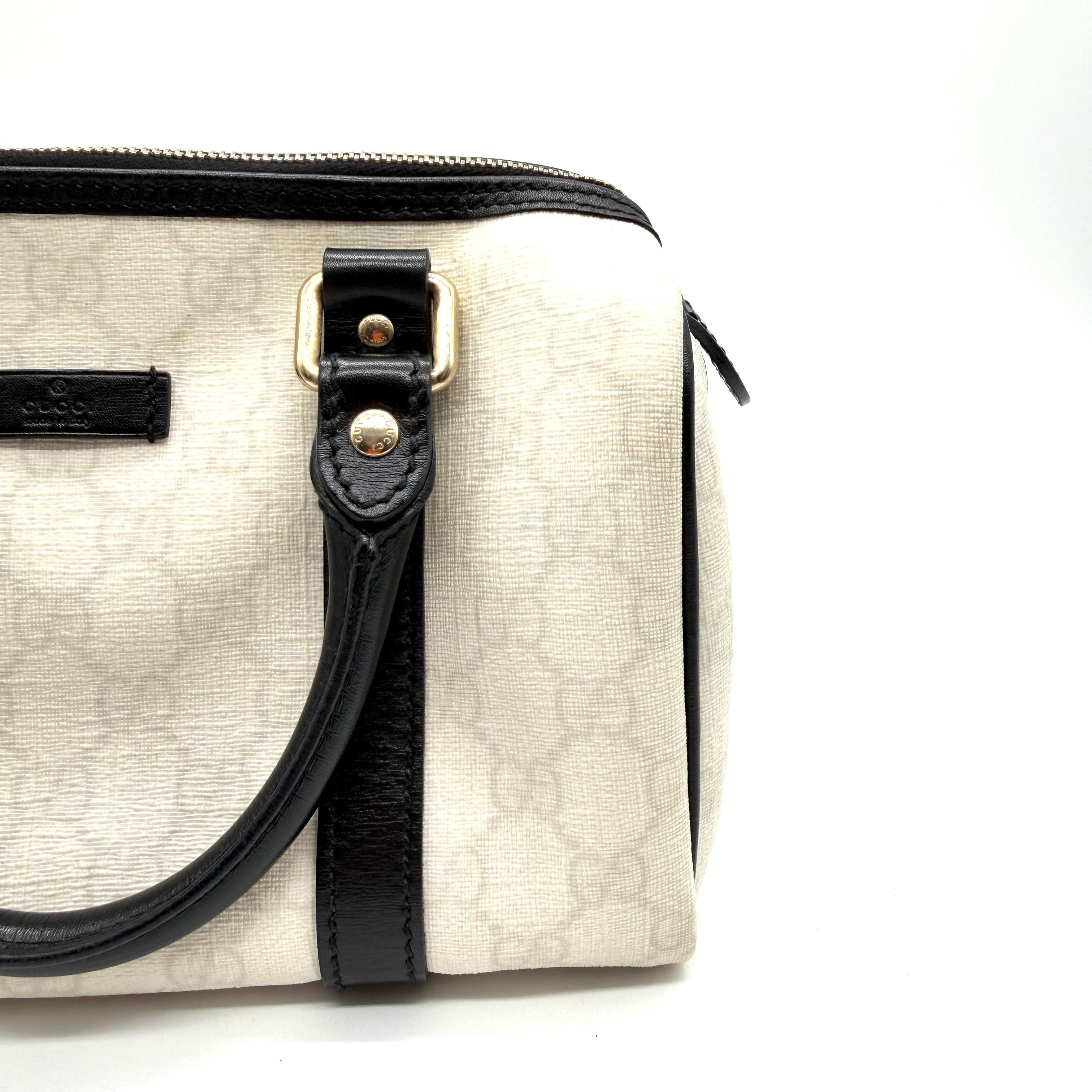Gucci Joy Boston Bag | Ivory GG Canvas & Black Leather | Gold-Tone Hardware