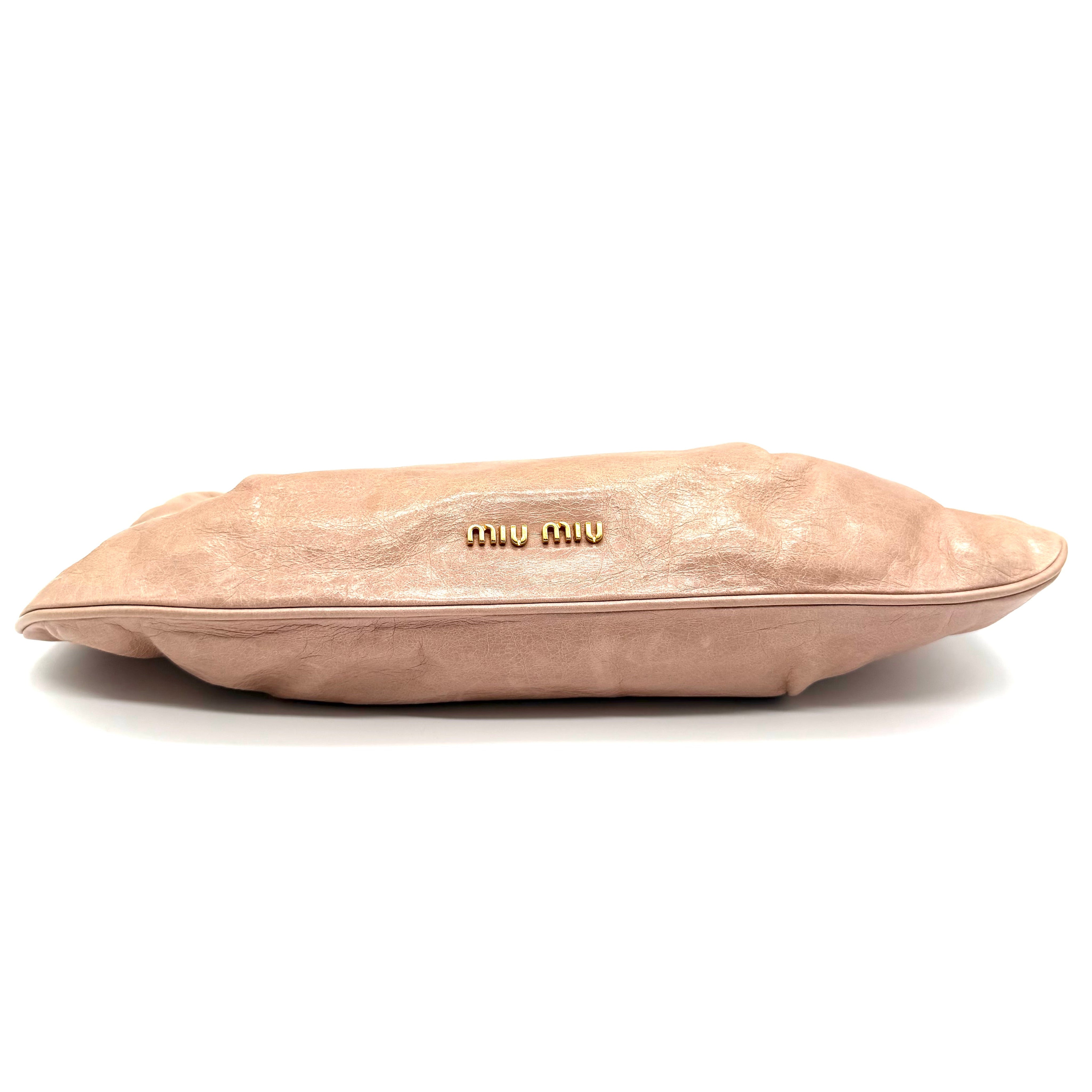 Miu Miu Gathered Leather Clutch | Metallic Blush Pink | Gold-Tone Hardware
