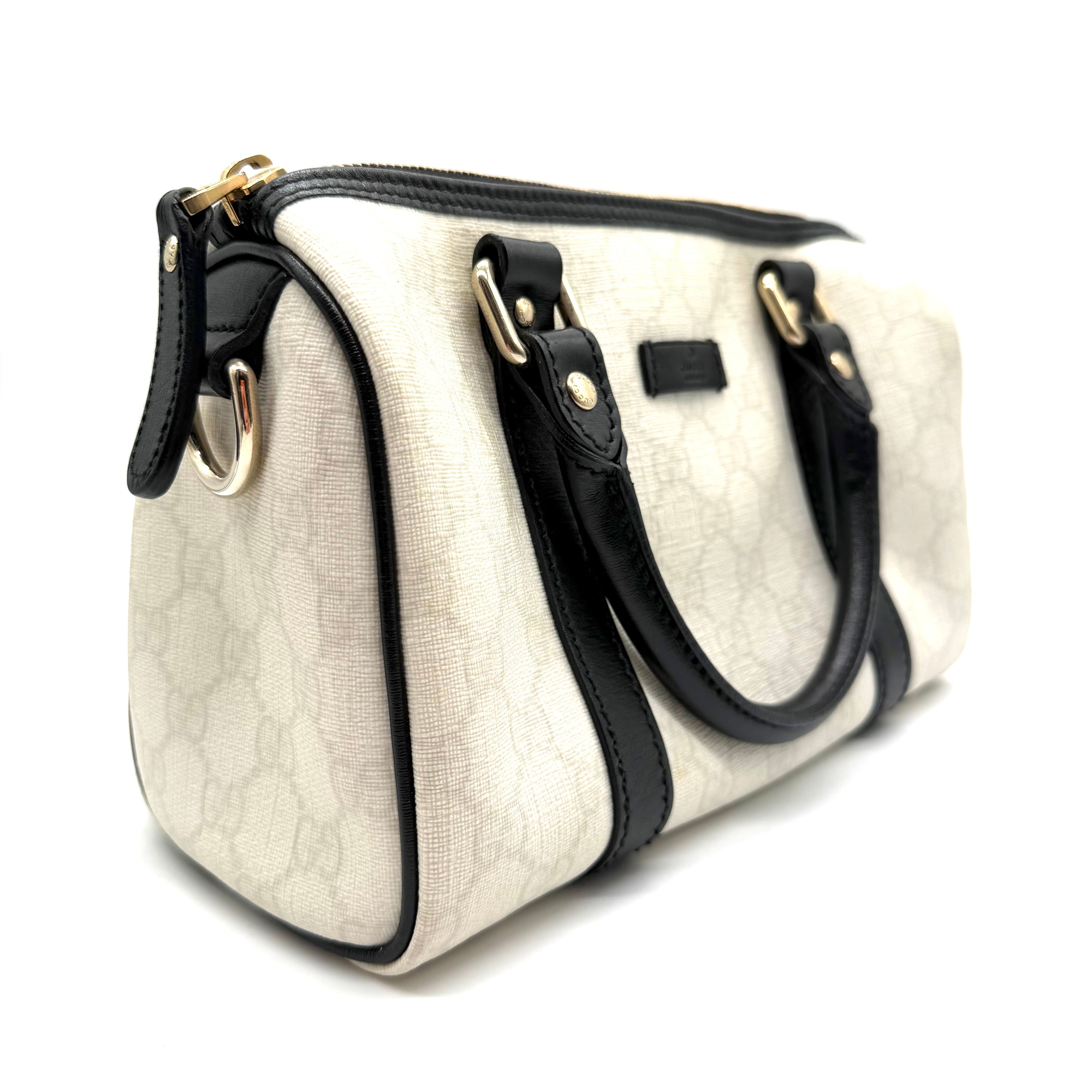 Gucci Joy Boston Bag | Ivory GG Canvas & Black Leather | Gold-Tone Hardware