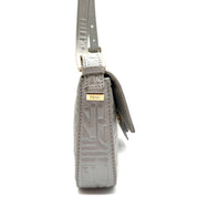 Fendi Baguette FF Embossed Shoulder Bag | Metallic Silver Leather | Gold-Tone Hardware (27cm)