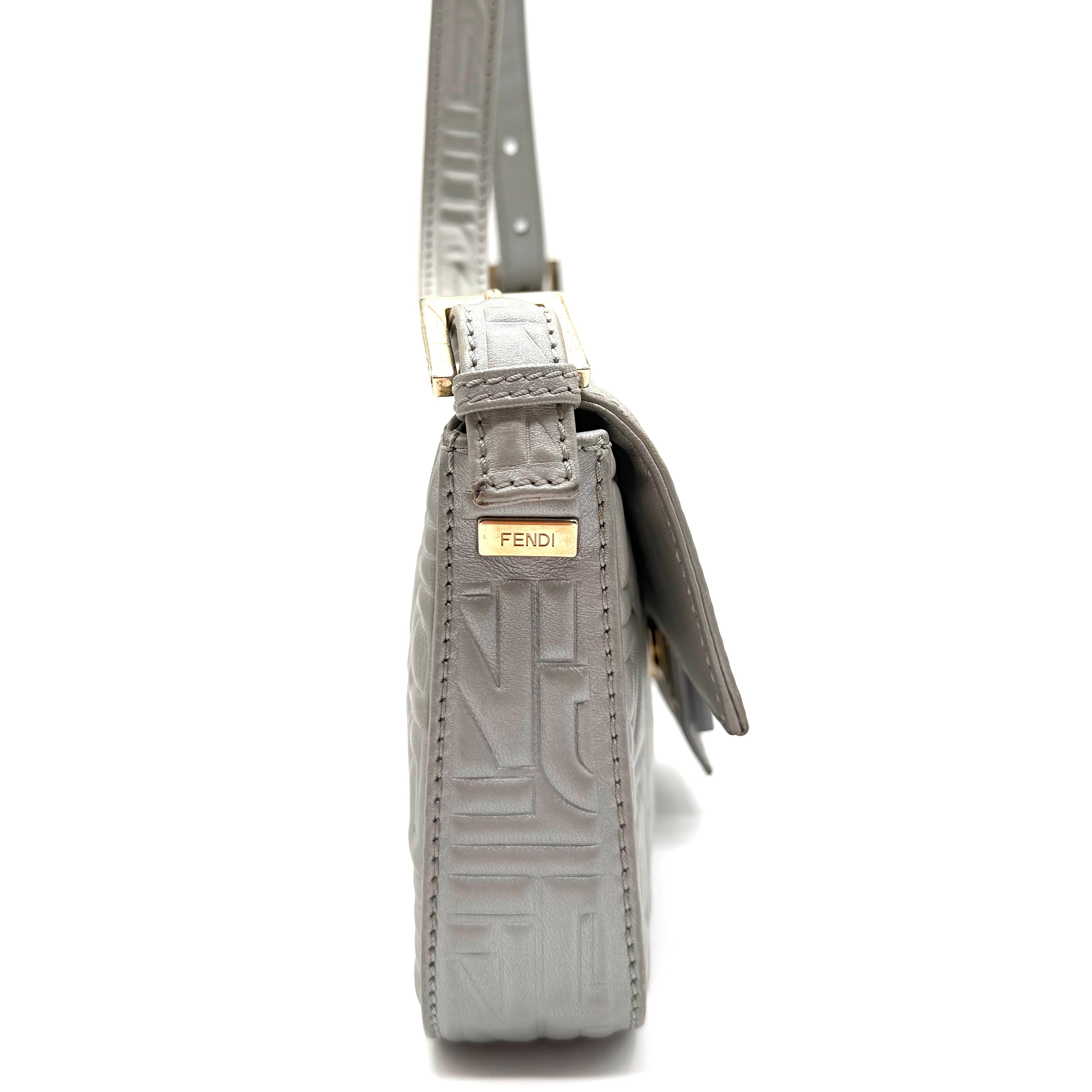 Fendi Baguette FF Embossed Shoulder Bag | Metallic Silver Leather | Gold-Tone Hardware (27cm)
