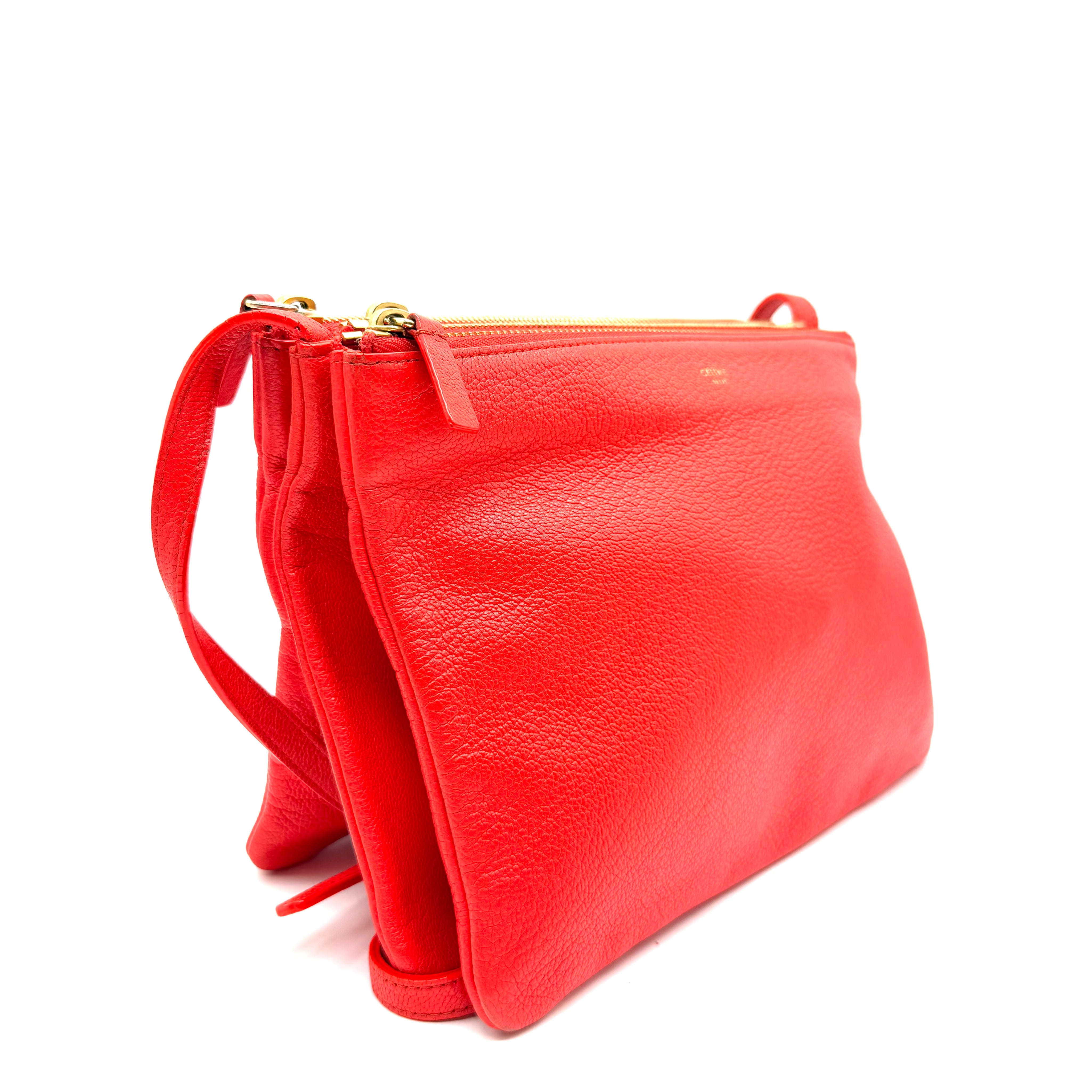 Celine | Trio Crossbody Bag | Red Grained Leather | Gold-Tone Hardware