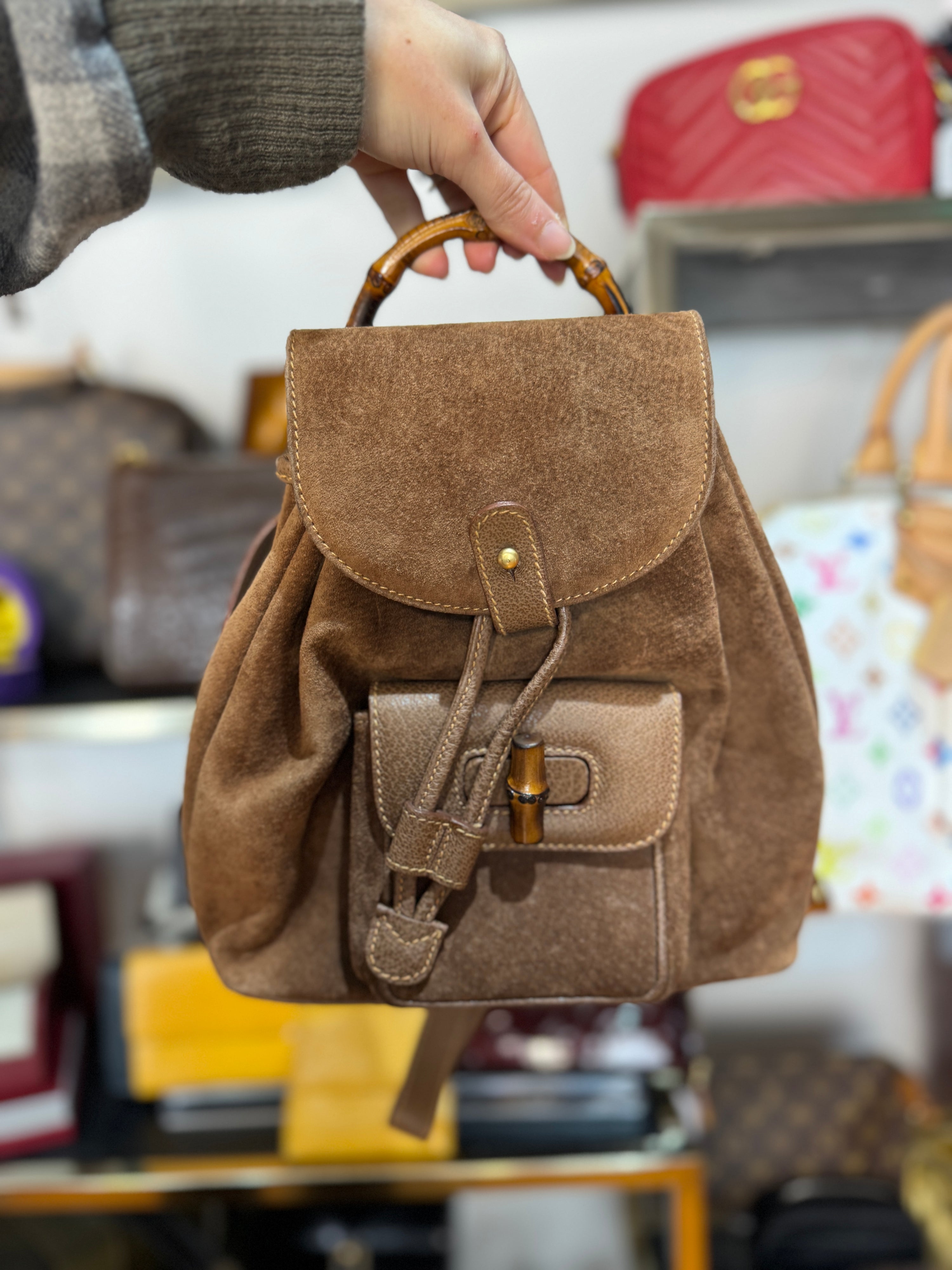 Gucci Suede Bamboo Handle Backpack