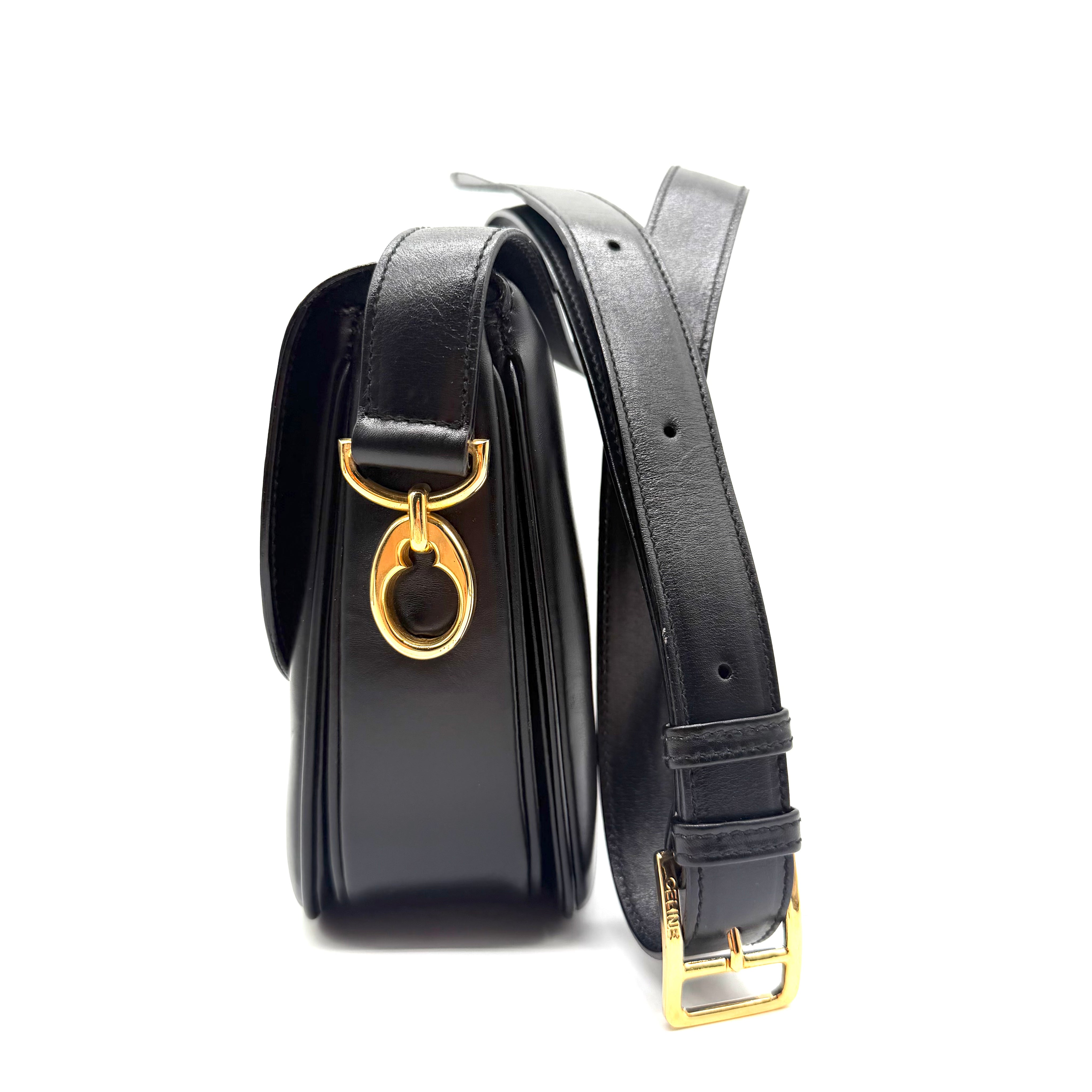 Vintage Celine Ring-Clasp Shoulder Bag | Black Leather | Gold-Tone Hardware