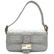 Fendi Baguette FF Embossed Shoulder Bag | Metallic Silver Leather | Gold-Tone Hardware (27cm)