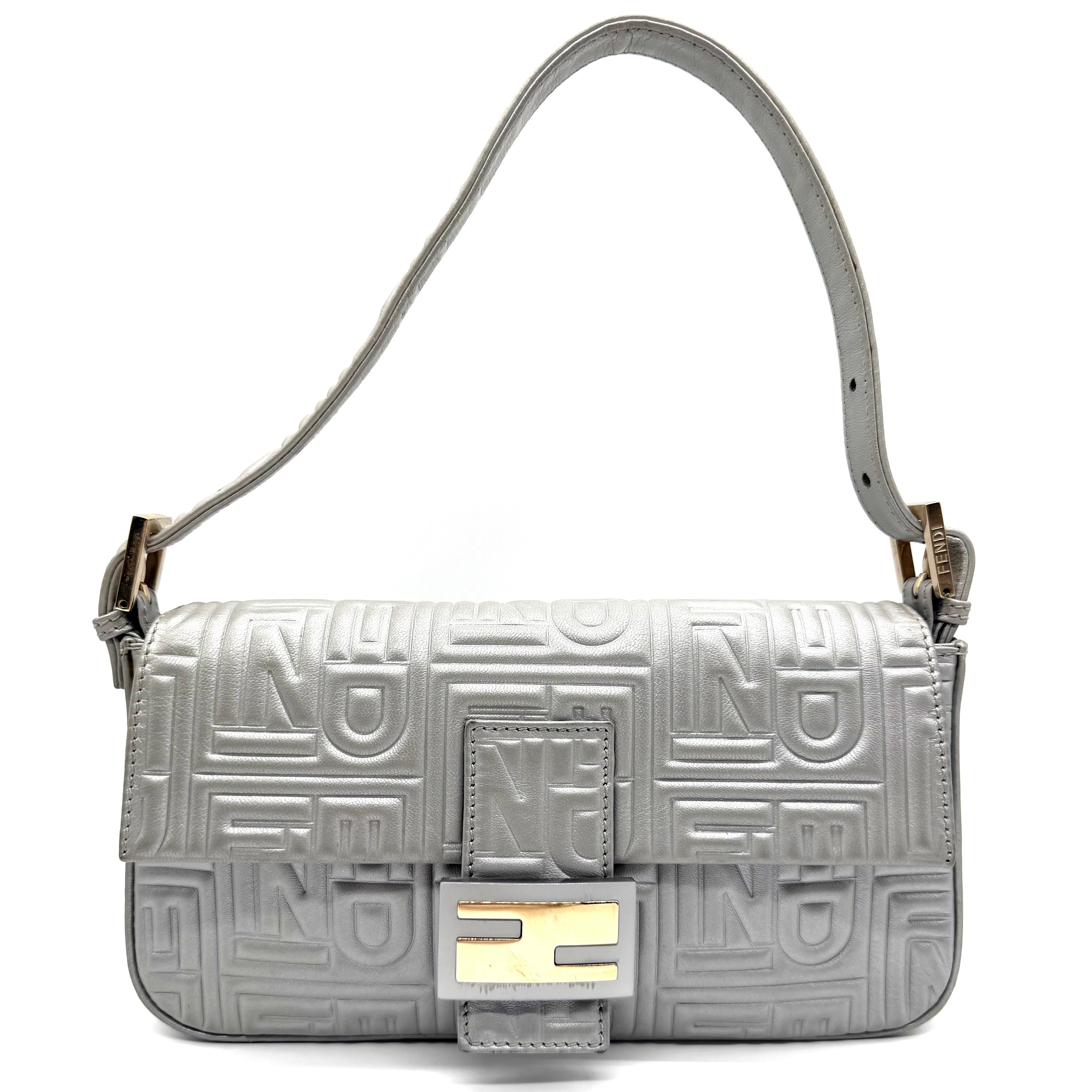 Fendi Baguette FF Embossed Shoulder Bag | Metallic Silver Leather | Gold-Tone Hardware (27cm)