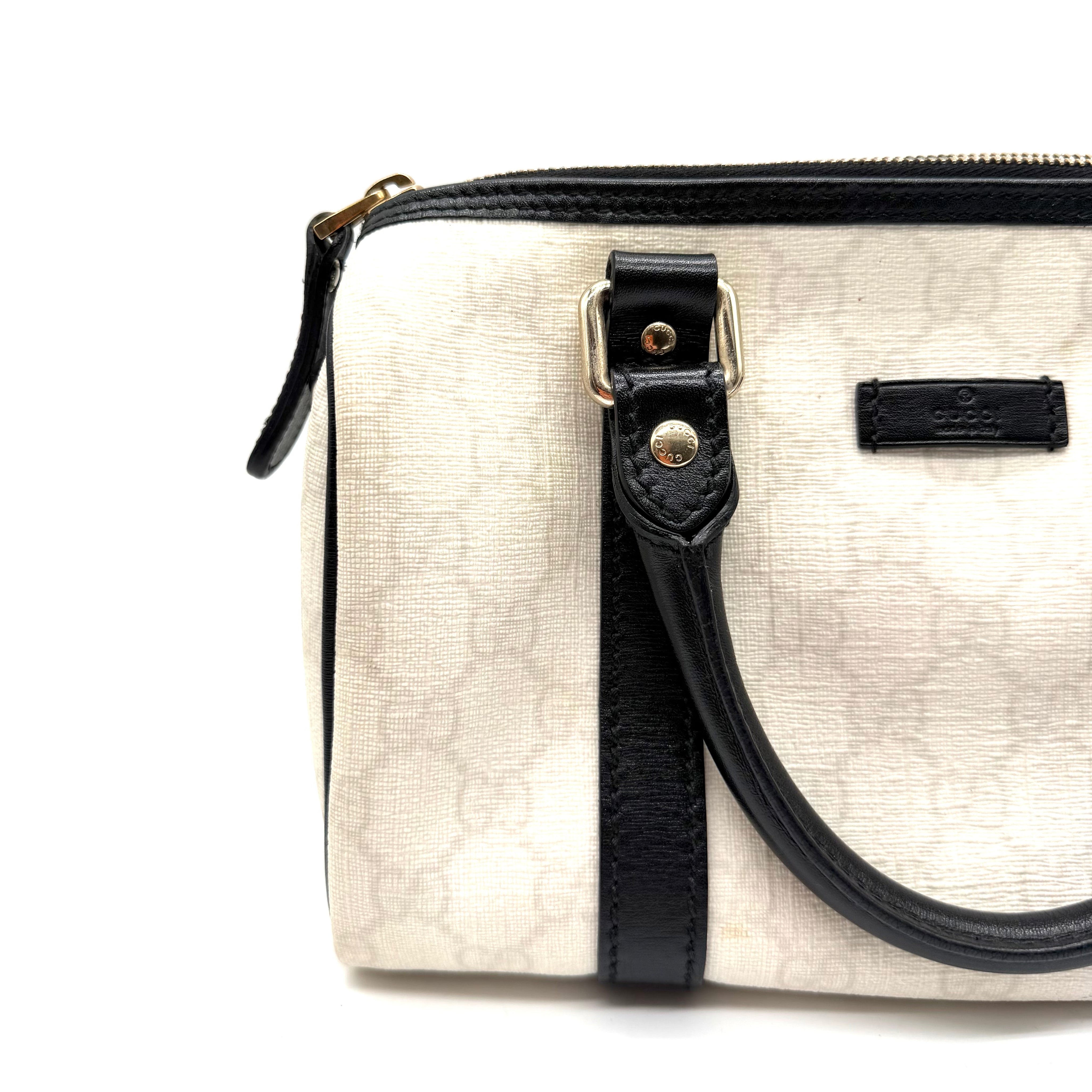 Gucci Joy Boston Bag | Ivory GG Canvas & Black Leather | Gold-Tone Hardware
