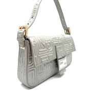 Fendi Baguette FF Embossed Shoulder Bag | Metallic Silver Leather | Gold-Tone Hardware (27cm)