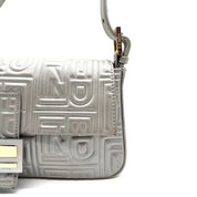 Fendi Baguette FF Embossed Shoulder Bag | Metallic Silver Leather | Gold-Tone Hardware (27cm)