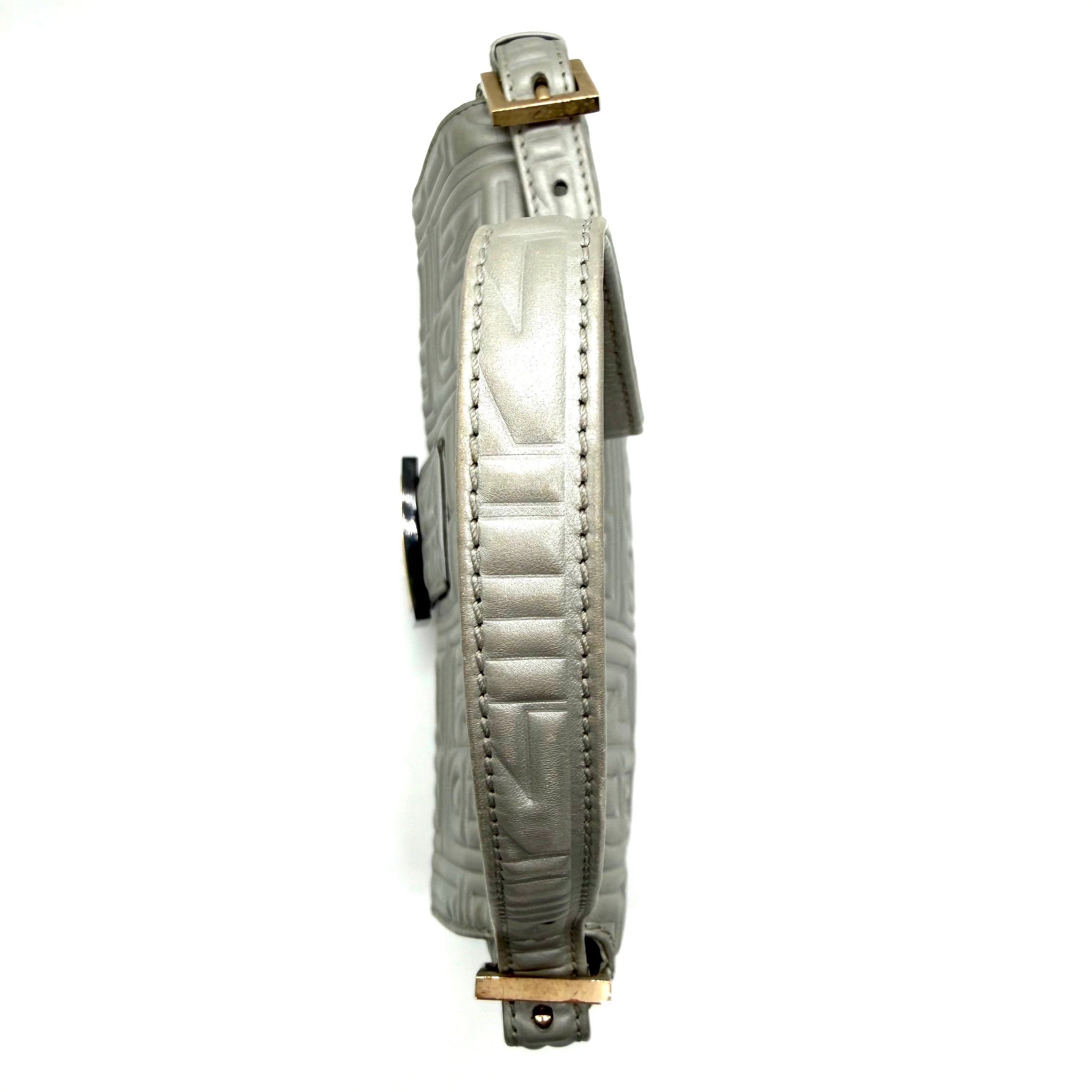 Fendi Baguette FF Embossed Shoulder Bag | Metallic Silver Leather | Gold-Tone Hardware (27cm)