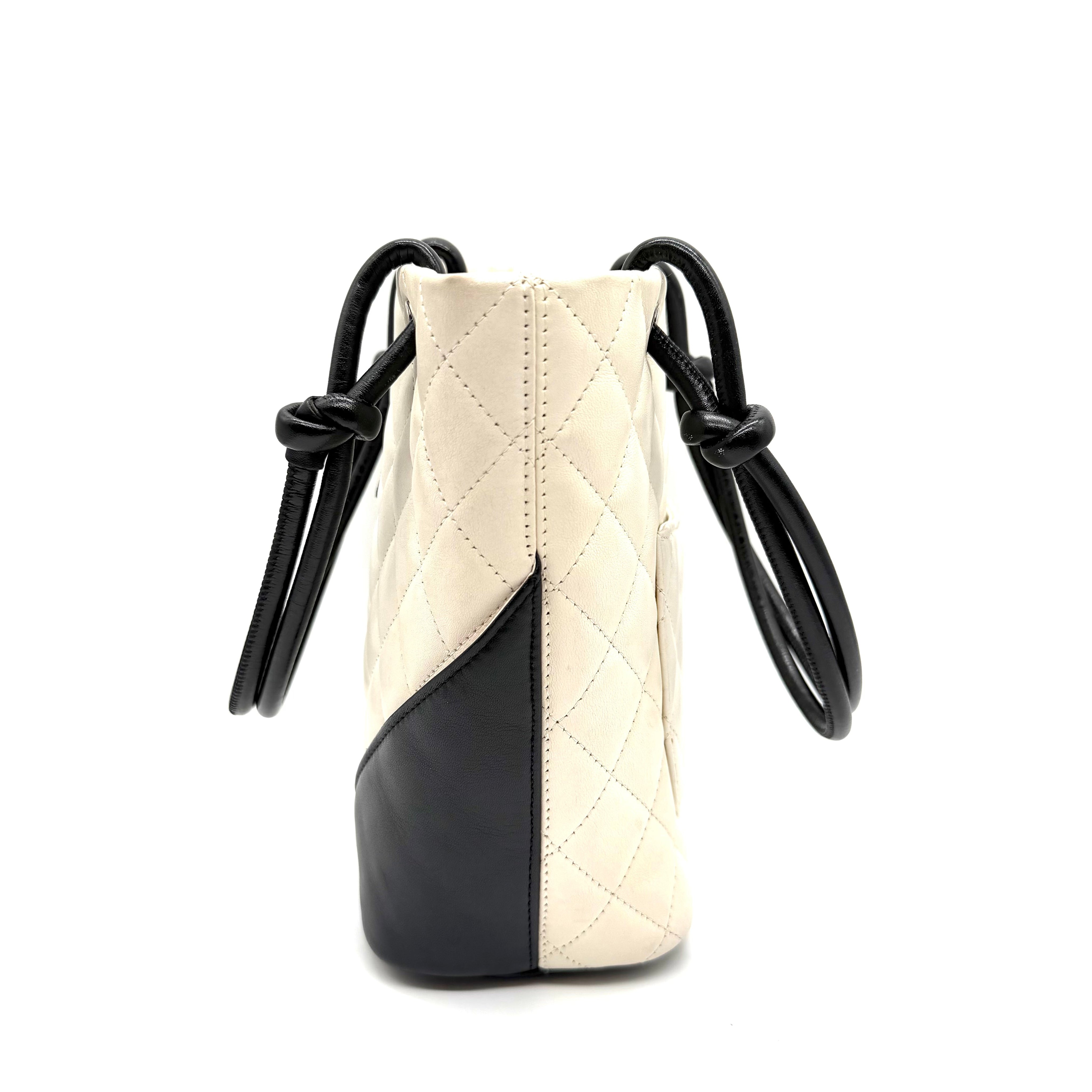 Chanel Cambon Ligne  Small Tote Bag | Ivory Quilted Leather & Black CC Appliqué