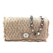 Miu Miu | Crystal Pleated Shoulder Bag | Beige Linen | Silver-Tone Hardware (22cm)