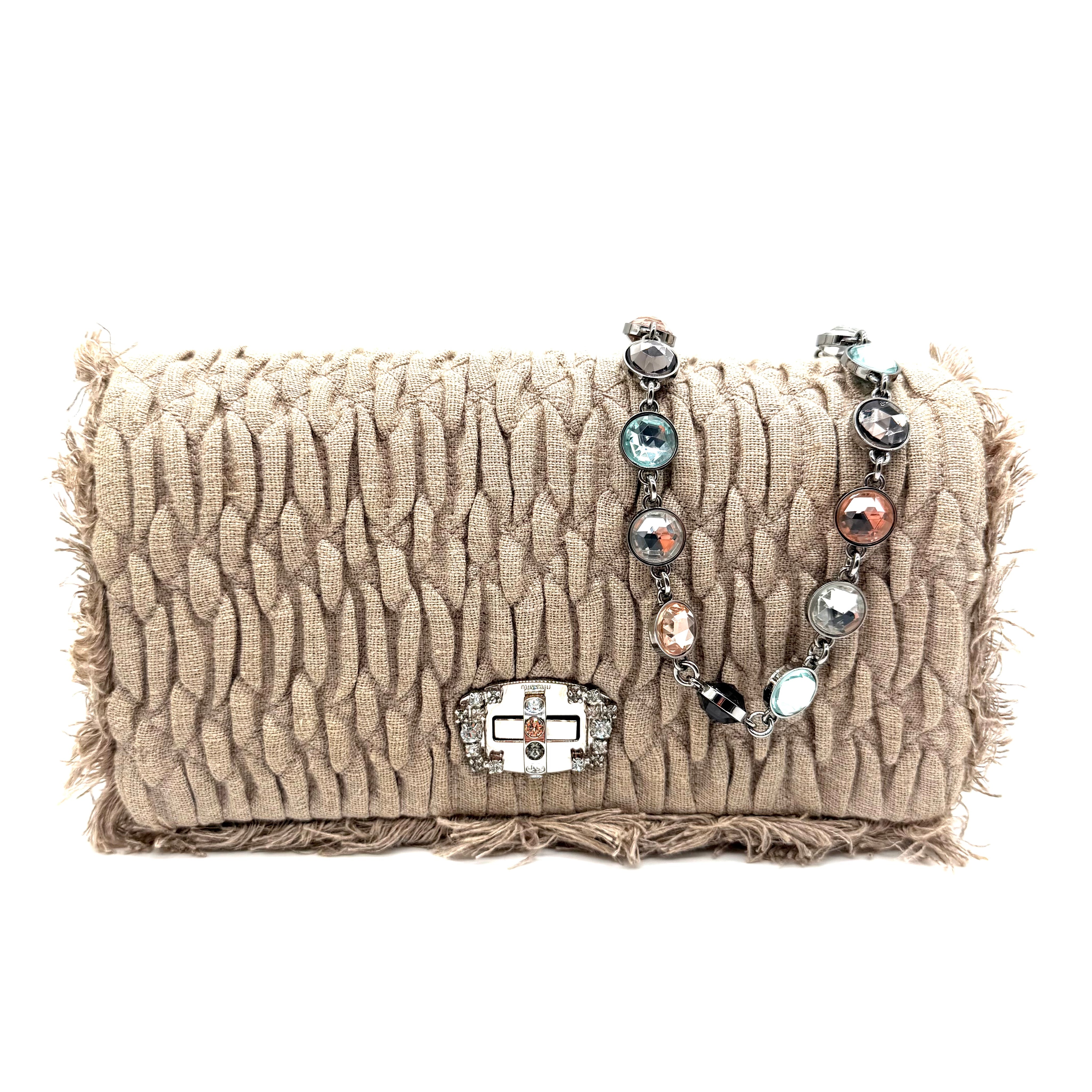 Miu Miu | Crystal Pleated Shoulder Bag | Beige Linen | Silver-Tone Hardware (22cm)