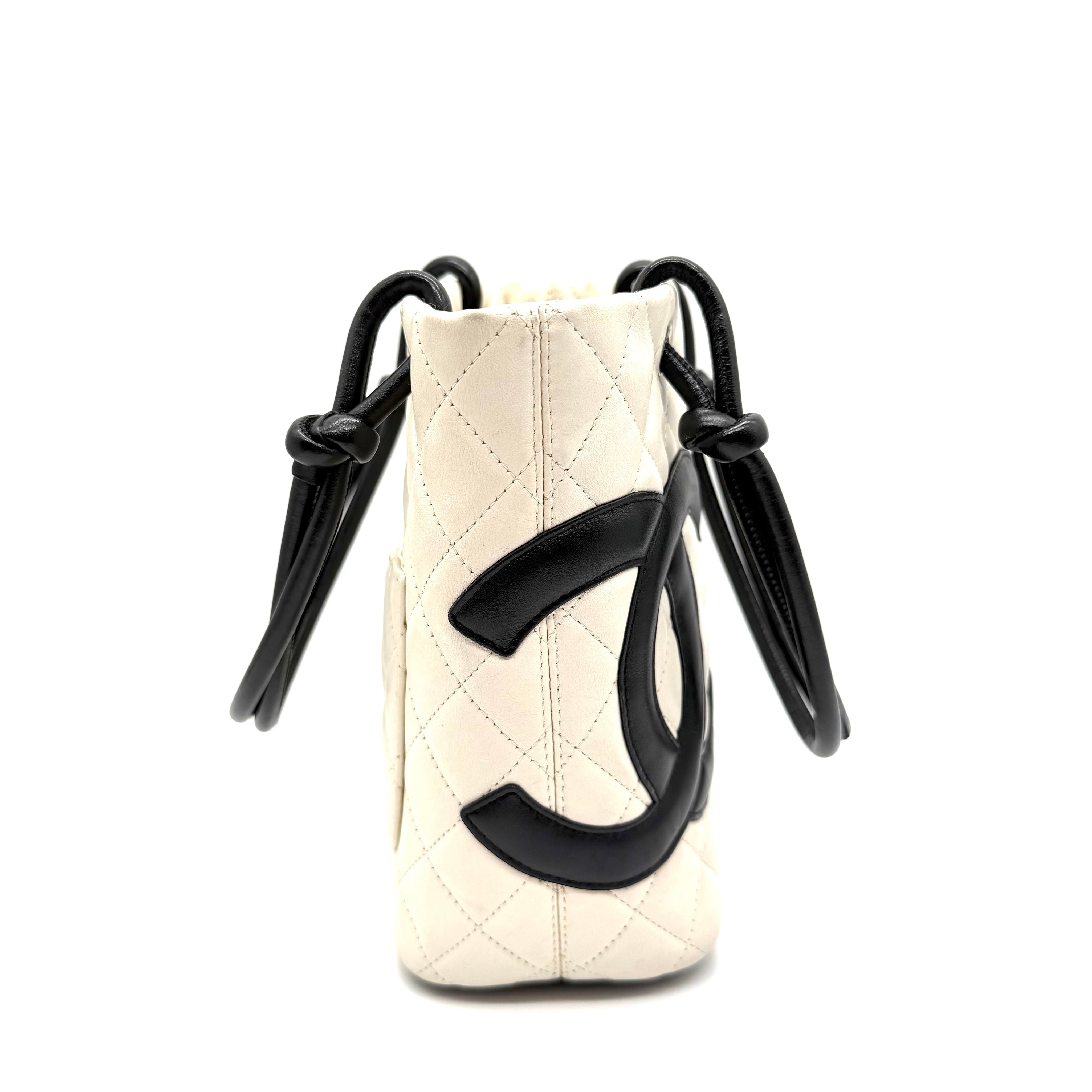 Chanel Cambon Ligne  Small Tote Bag | Ivory Quilted Leather & Black CC Appliqué