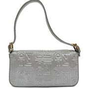 Fendi Baguette FF Embossed Shoulder Bag | Metallic Silver Leather | Gold-Tone Hardware (27cm)