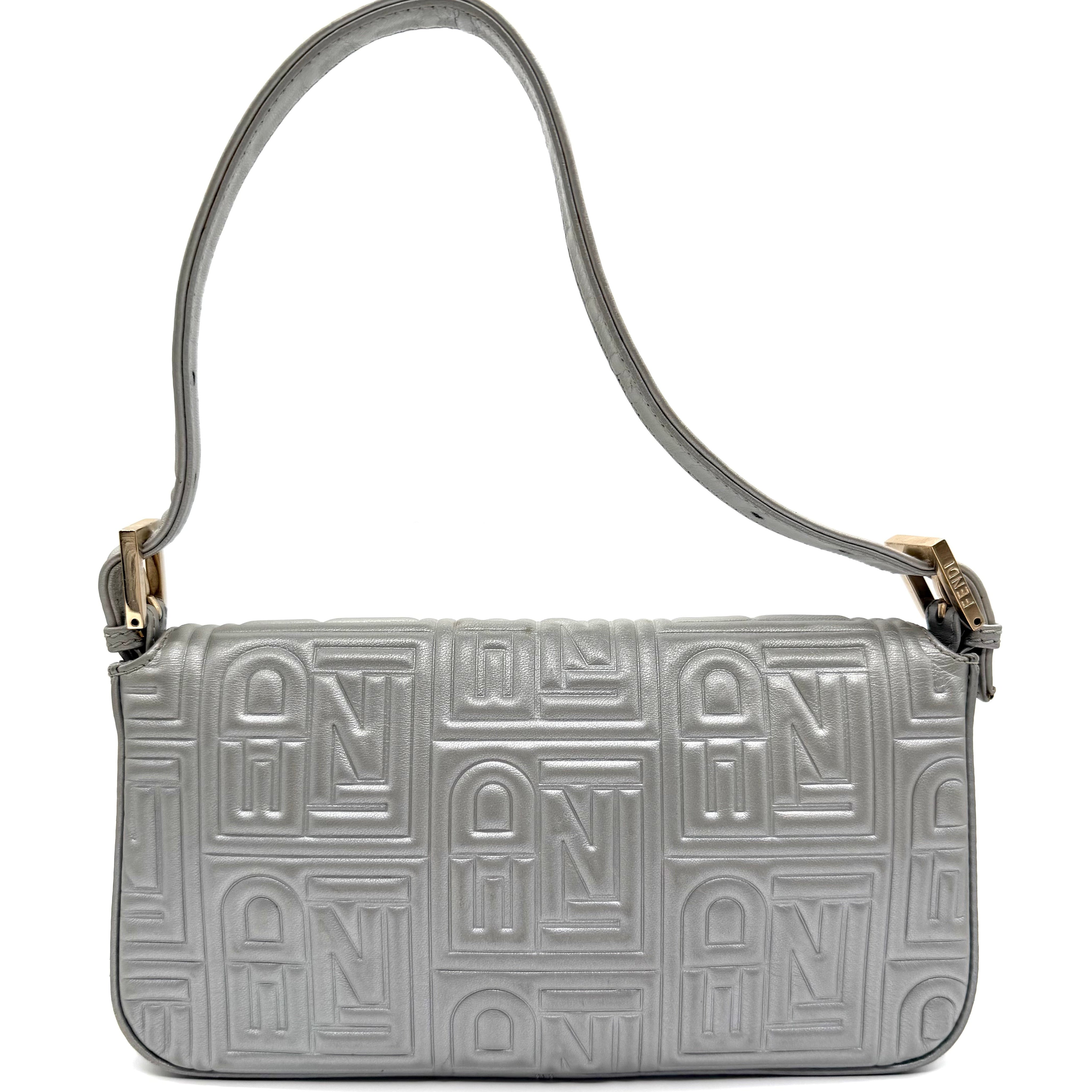 Fendi Baguette FF Embossed Shoulder Bag | Metallic Silver Leather | Gold-Tone Hardware (27cm)